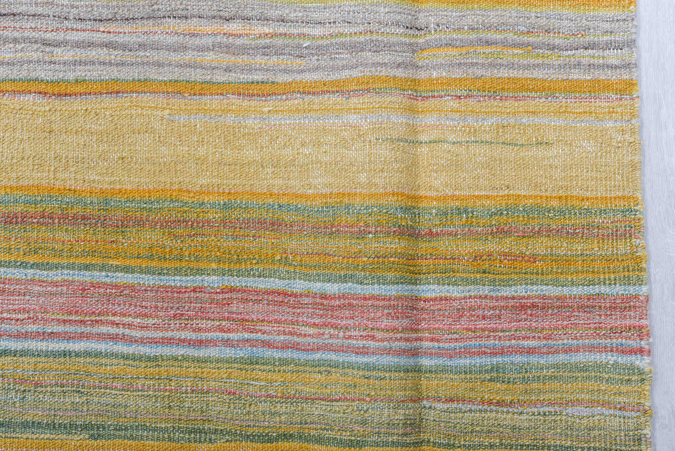 8' x 12' one-of-a-kind handmade vintage Kilim large size rug. Color palette: sage, blush, gold, sky blue, ivory, terra cotta