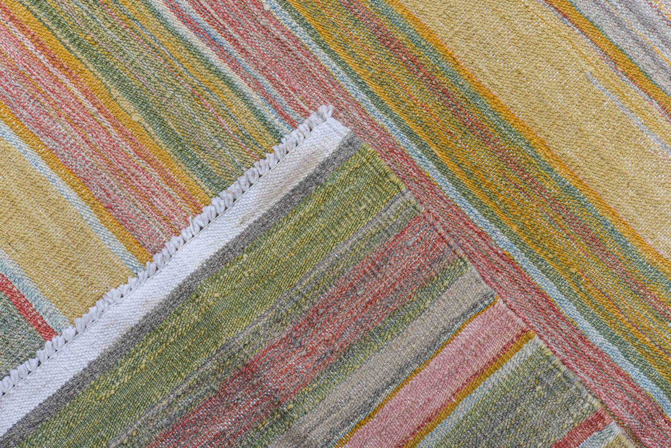 8' x 12' one-of-a-kind handmade vintage Kilim large size rug. Color palette: sage, blush, gold, sky blue, ivory, terra cotta