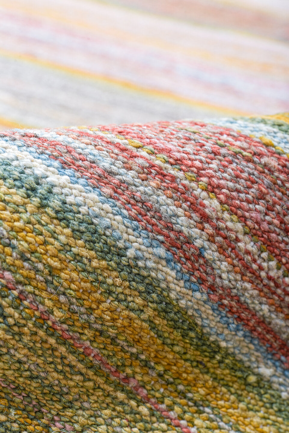 8' x 12' one-of-a-kind handmade vintage Kilim large size rug. Color palette: sage, blush, gold, sky blue, ivory, terra cotta