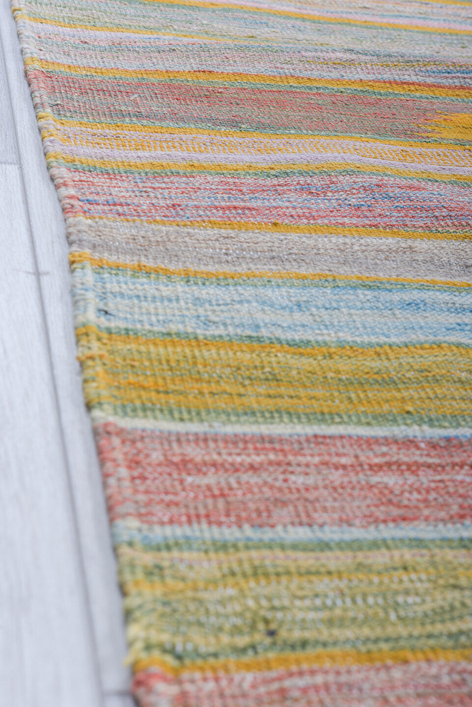 8' x 12' one-of-a-kind handmade vintage Kilim large size rug. Color palette: sage, blush, gold, sky blue, ivory, terra cotta