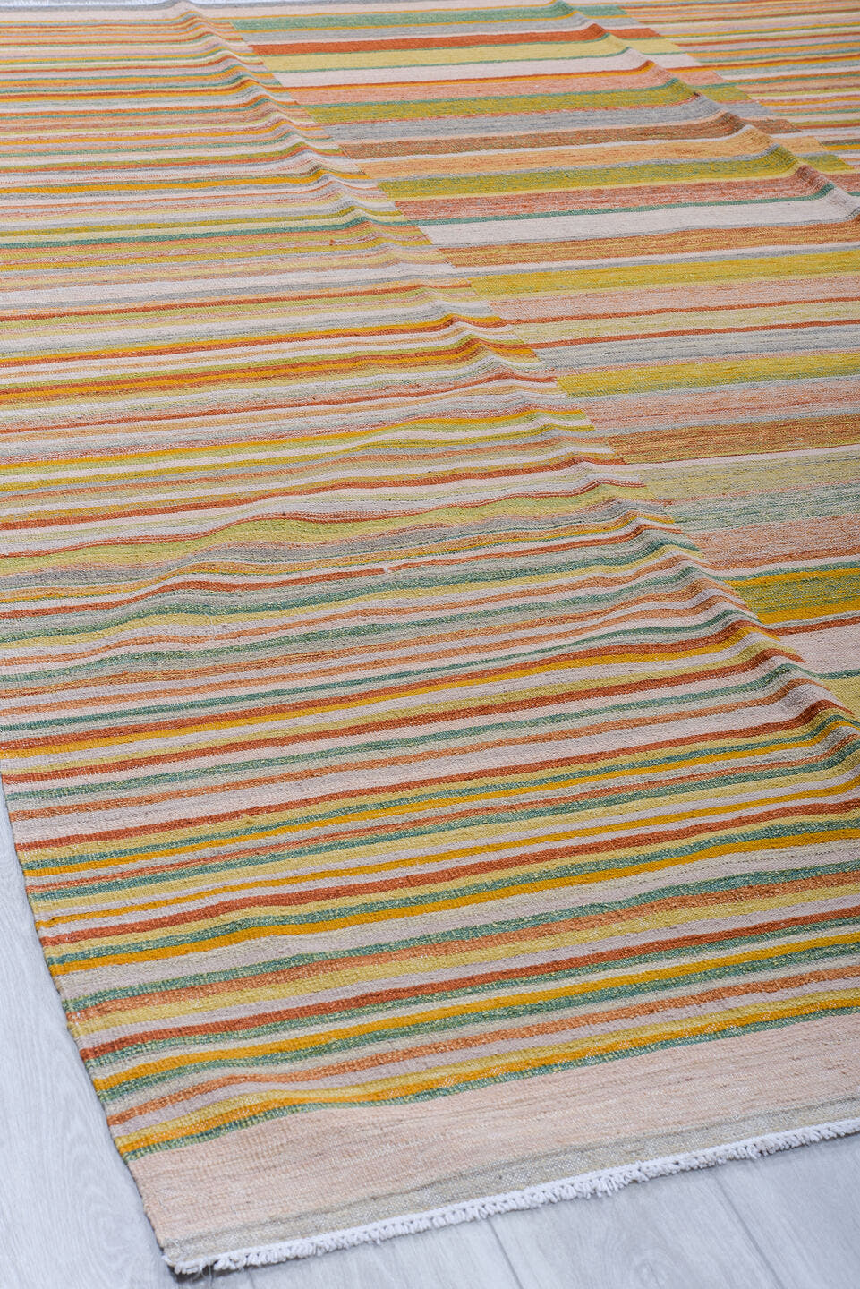 8' x 10' one-of-a-kind handmade vintage Kilim large size rug. Color palette: ivory, rust, sage, gold, taupe, terra cotta