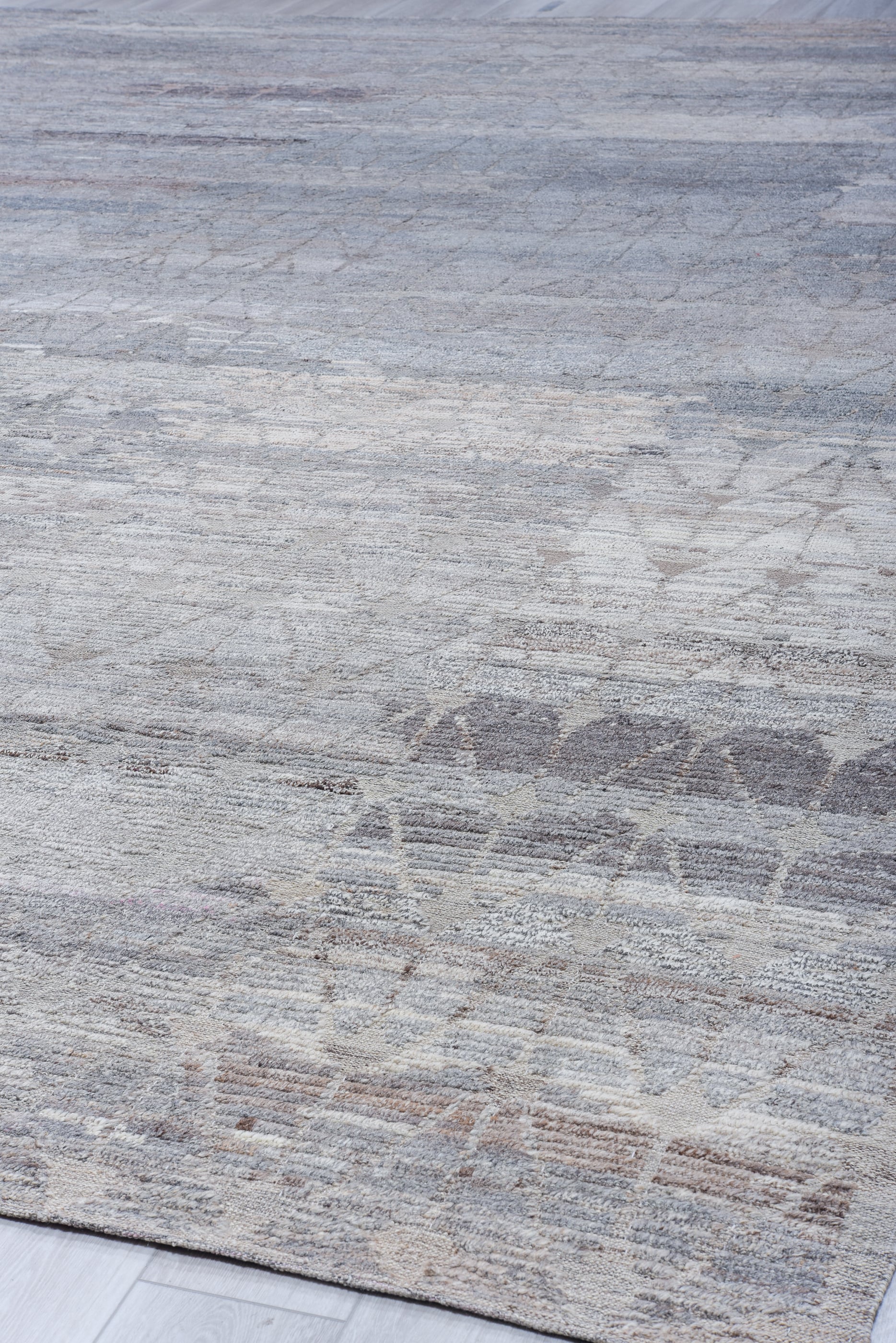 13' x 19' one-of-a-kind handmade vintage Tulu oversize rug. Color palette: ivory, blue gray, taupe, stone, greige, gray
