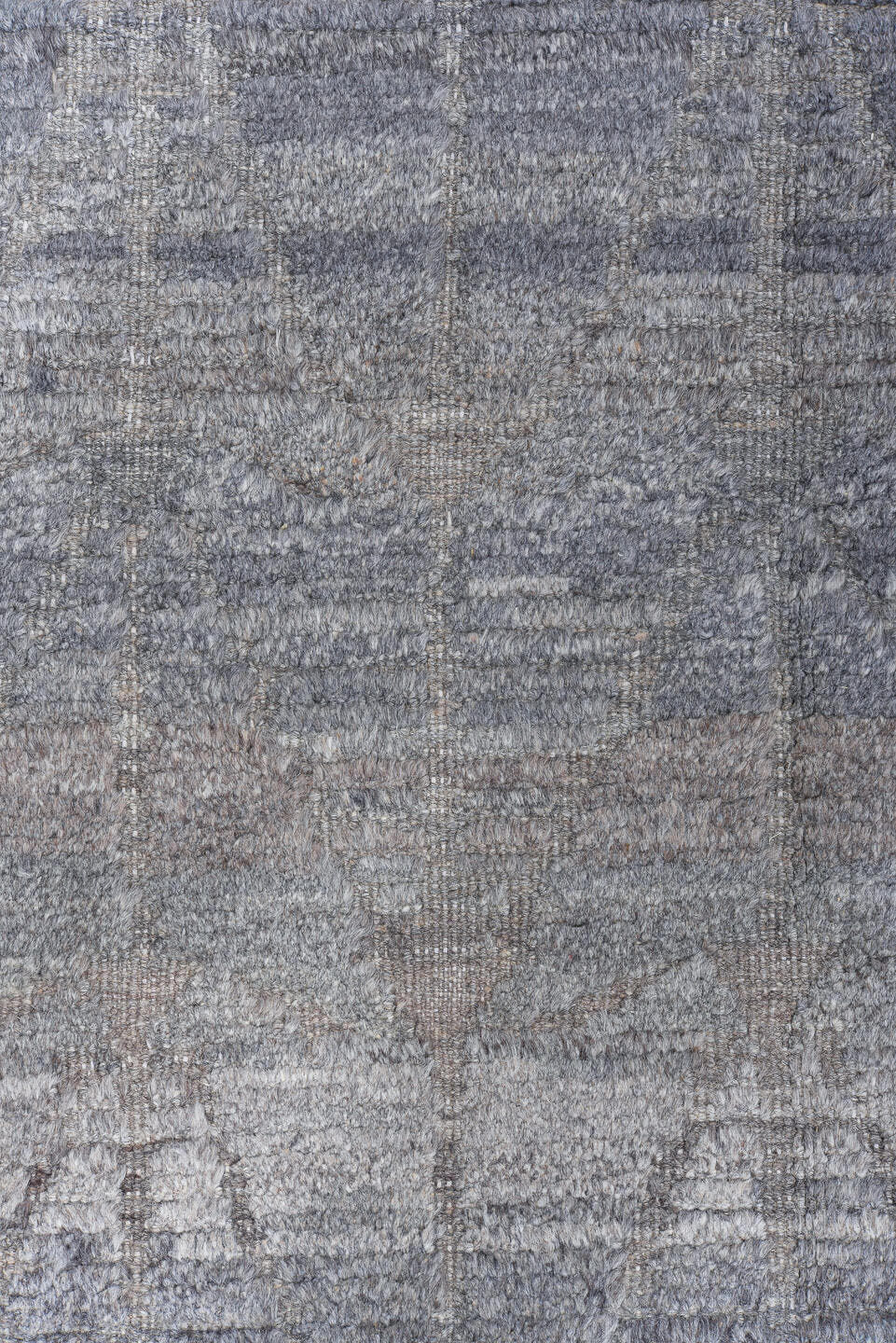 13' x 19' one-of-a-kind handmade vintage Tulu oversize rug. Color palette: ivory, blue gray, taupe, stone, greige, gray