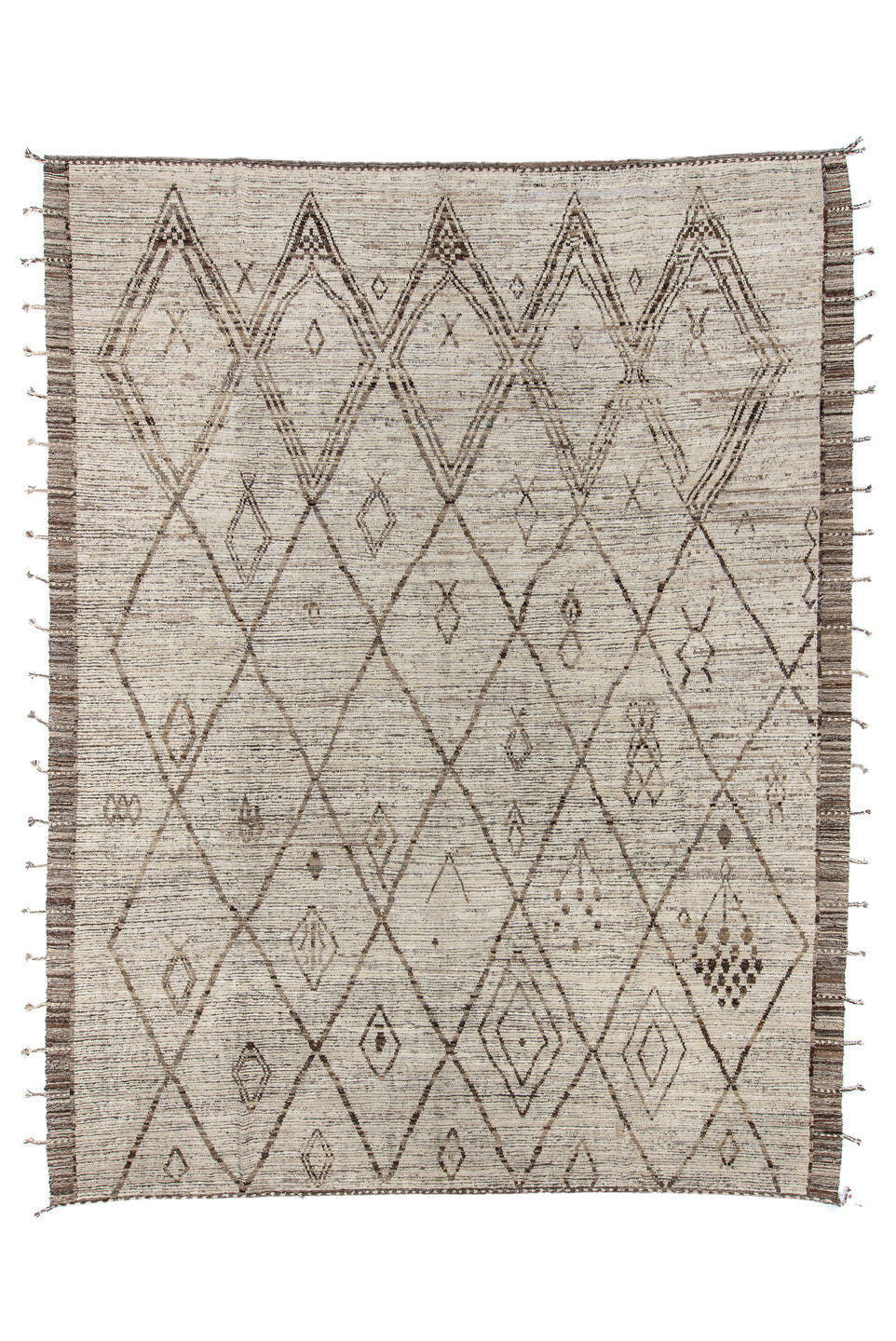 10' x 13' one-of-a-kind handmade vintage Tulu large size rug. Color palette: black, dark gray, gainsboro, gray, light gray