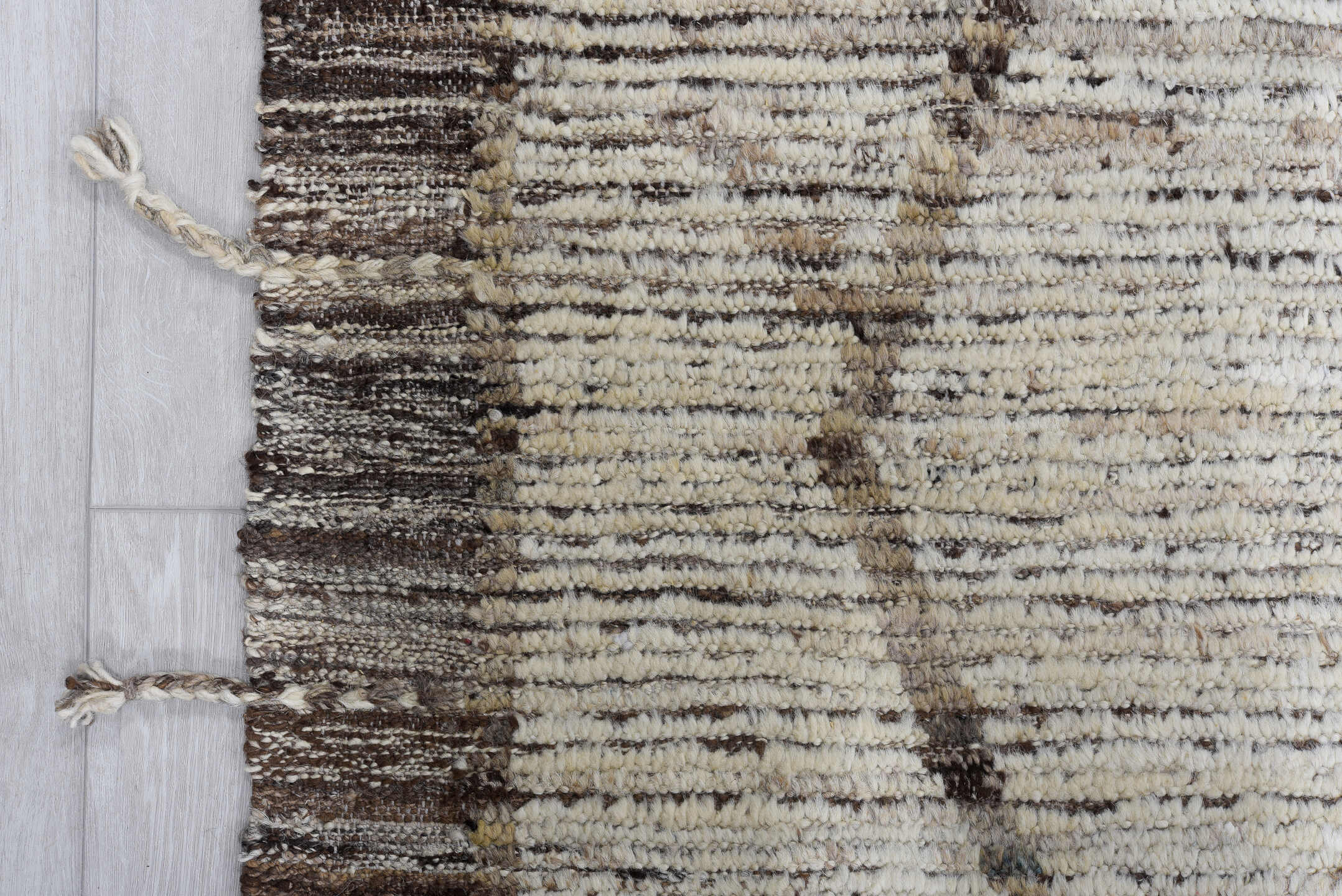 10' x 13' one-of-a-kind handmade vintage Tulu large size rug. Color palette: ivory, taupe, brown, charcoal, cream, beige