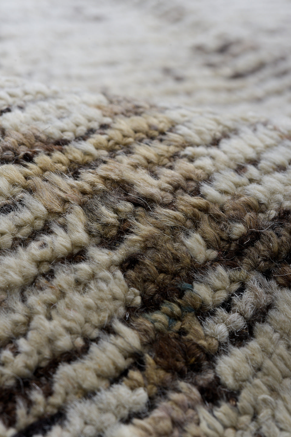 10' x 13' one-of-a-kind handmade vintage Tulu large size rug. Color palette: ivory, taupe, brown, charcoal, cream, beige