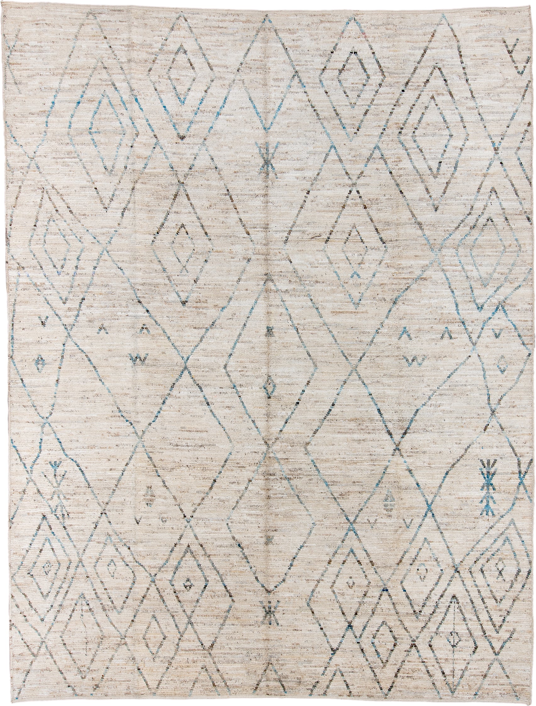 10' x 13' one-of-a-kind handmade vintage Tulu large size rug. Color palette: ivory, taupe, aqua, beige, gray, teal