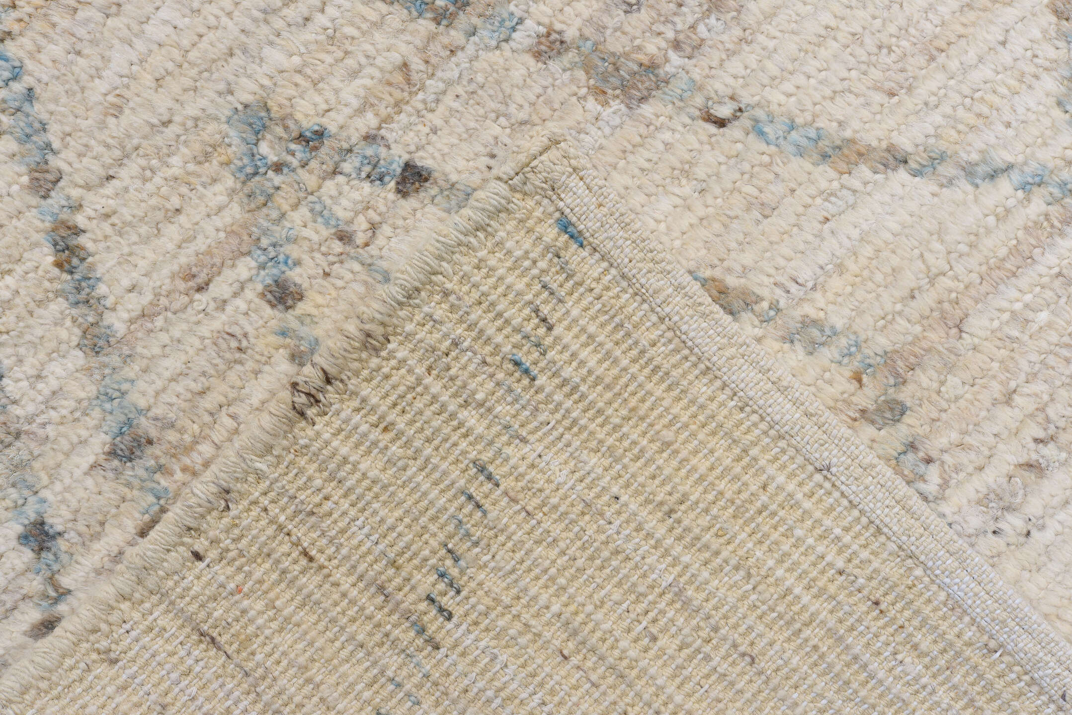 10' x 13' one-of-a-kind handmade vintage Tulu large size rug. Color palette: ivory, taupe, aqua, beige, gray, teal