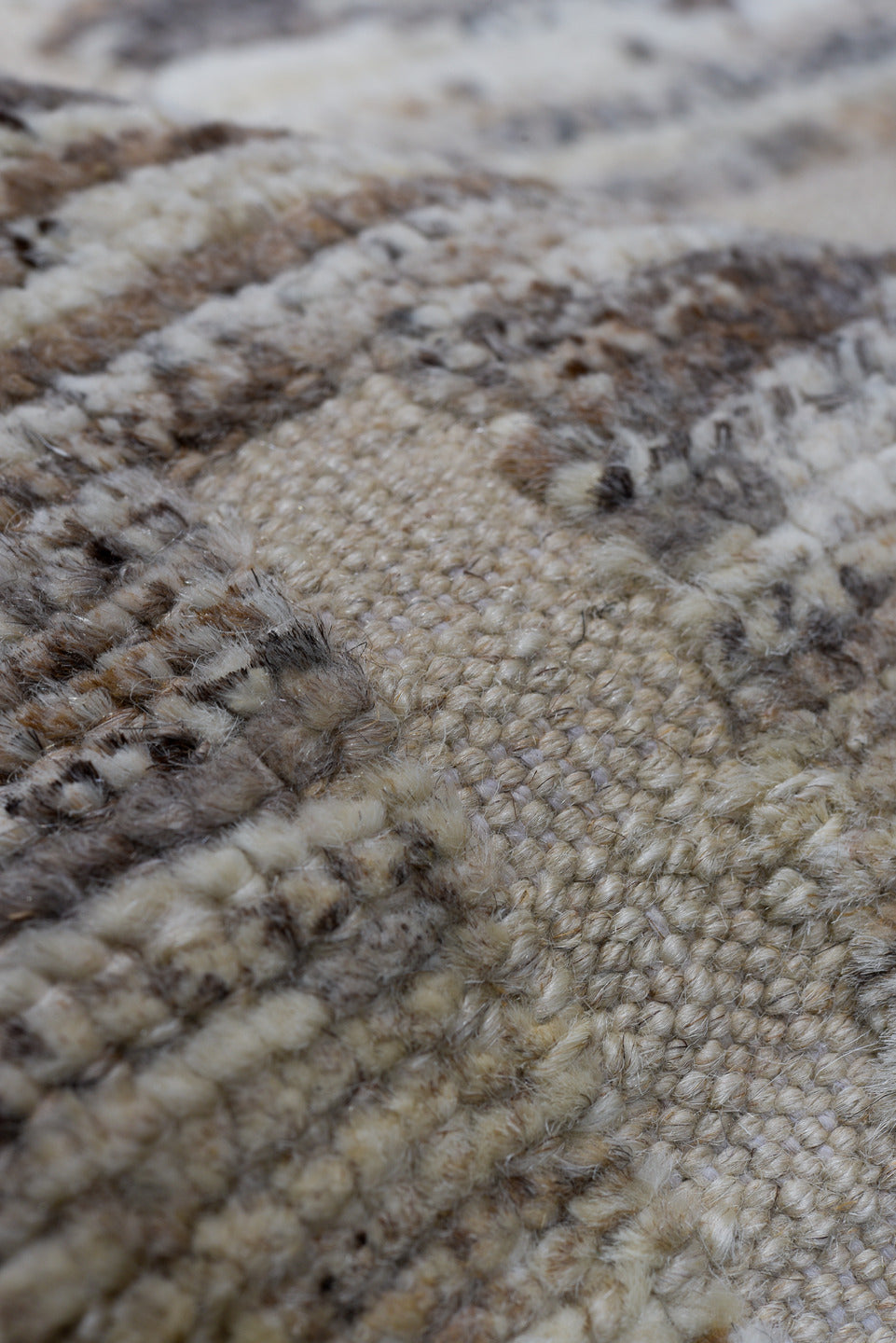 10' x 13' one-of-a-kind handmade vintage Tulu large size rug. Color palette: ivory, taupe, beige, gray, greige, brown