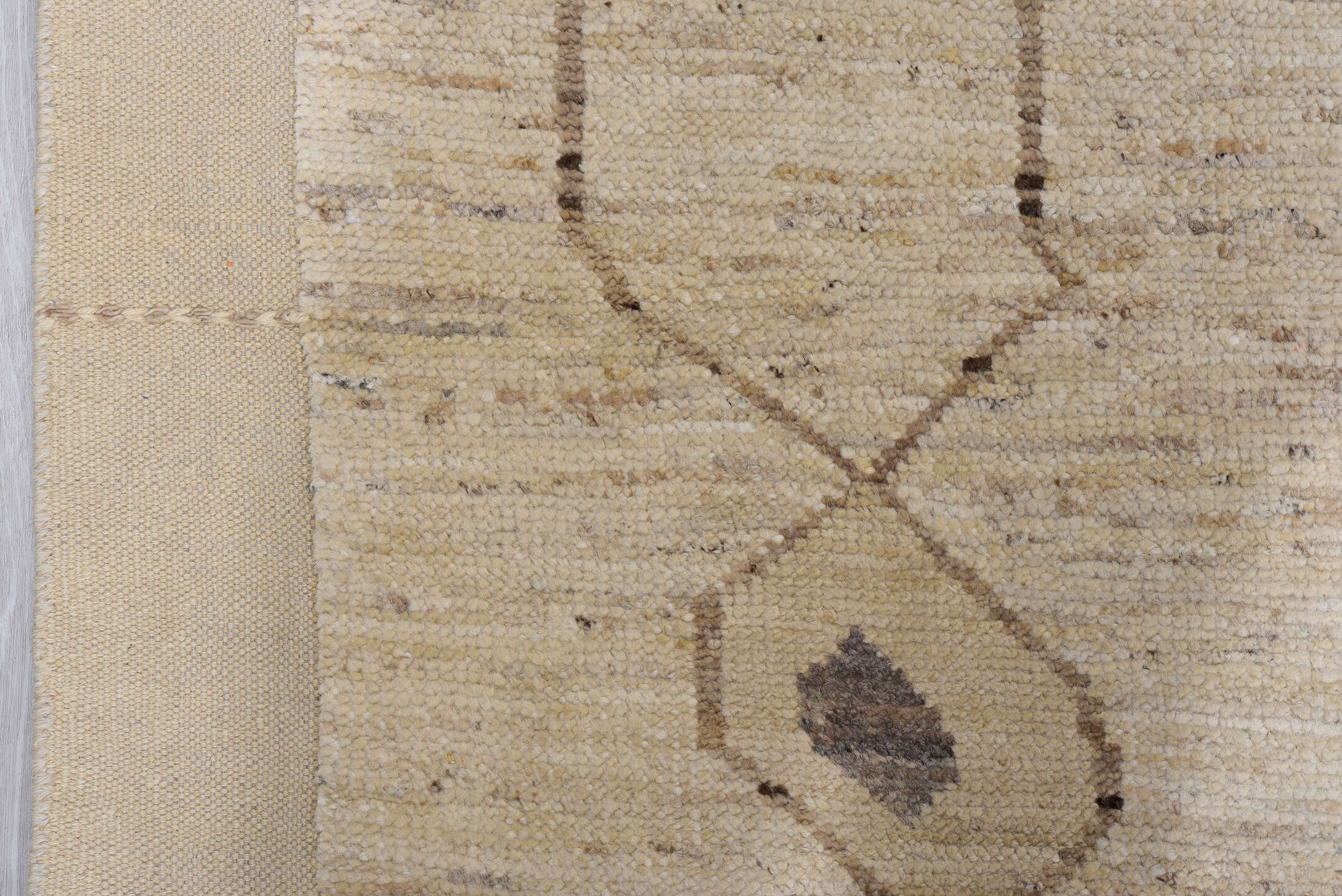 8' x 12' one-of-a-kind handmade vintage Tulu large size rug. Color palette: ivory, taupe, beige, brown, camel, charcoal