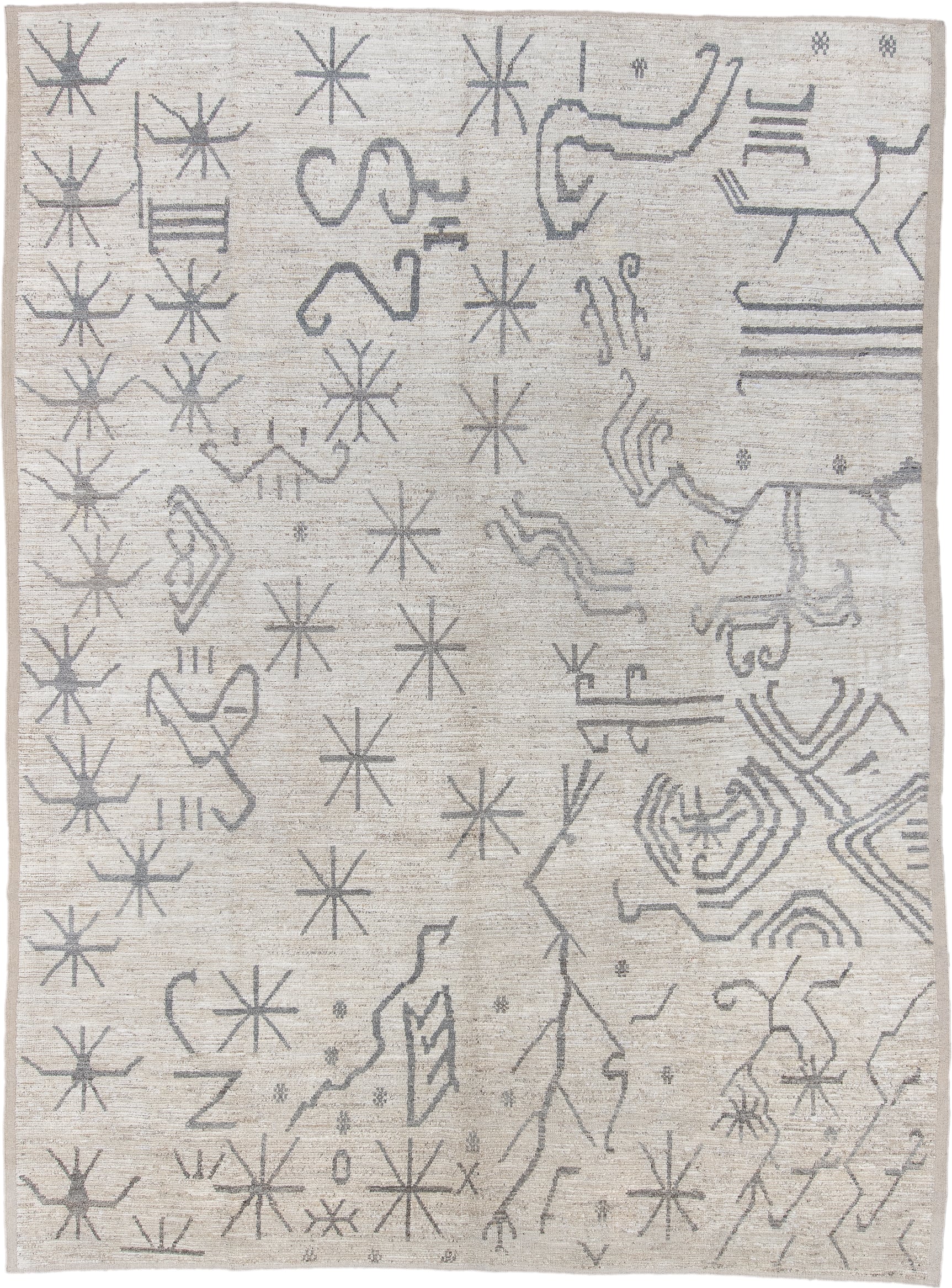 10' x 13' one-of-a-kind handmade vintage Tulu large size rug. Color palette: ivory, gray, taupe, cream, beige