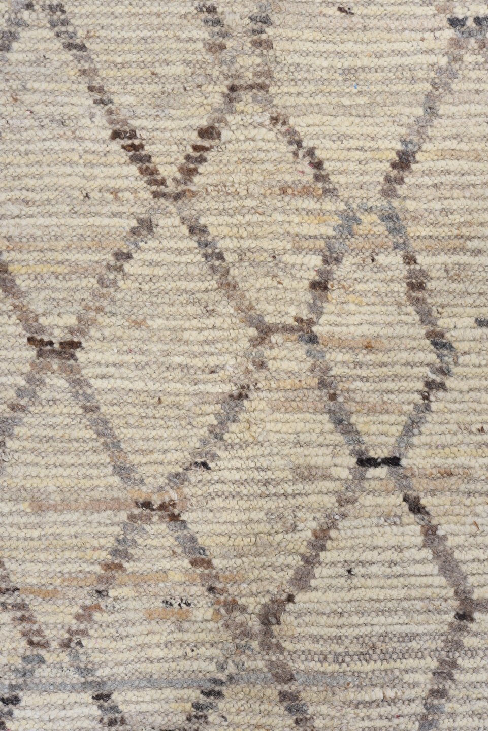 9' x 12' one-of-a-kind handmade vintage Tulu large size rug. Color palette: ivory, taupe, gray, cream, beige