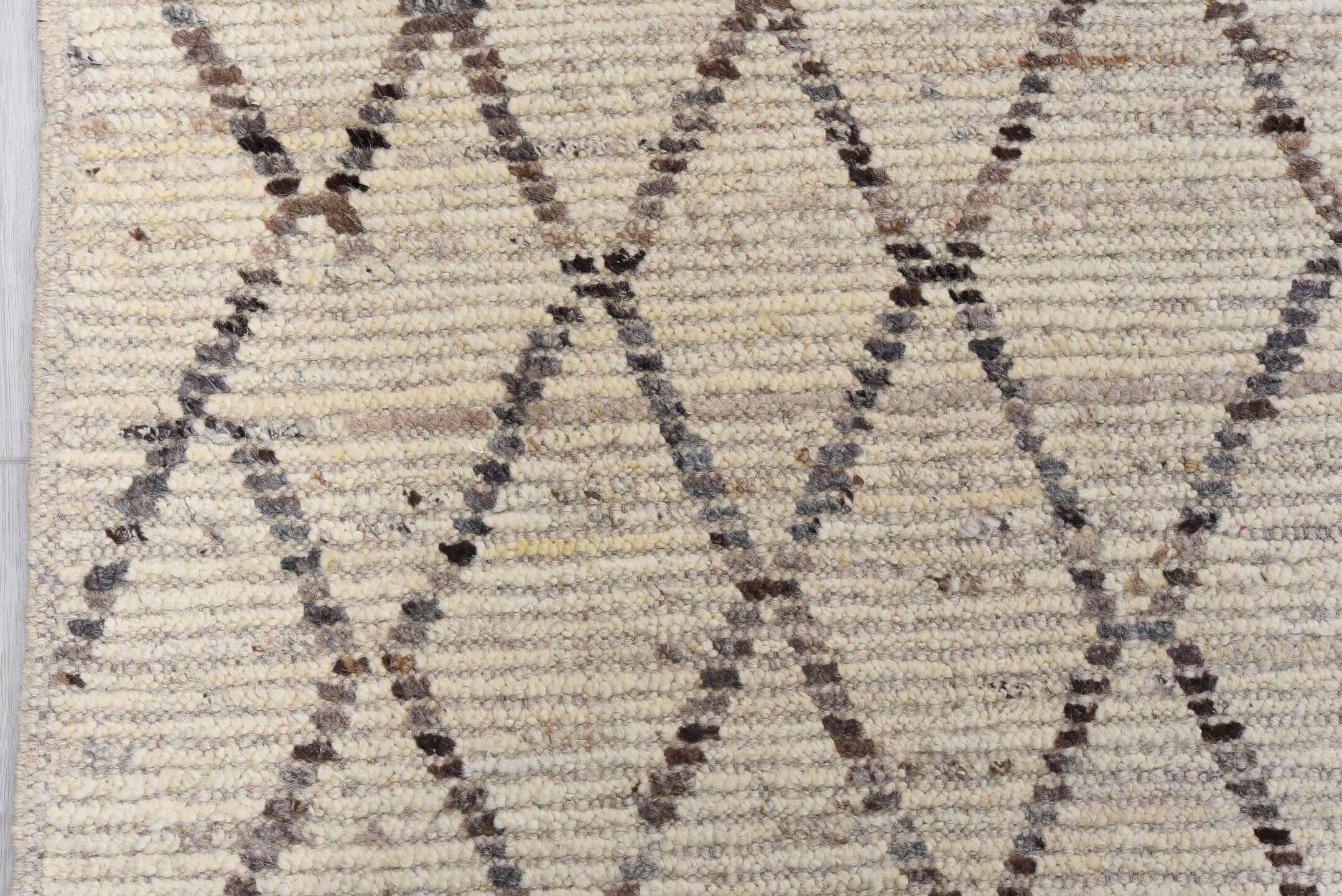 9' x 12' one-of-a-kind handmade vintage Tulu large size rug. Color palette: ivory, taupe, gray, cream, beige