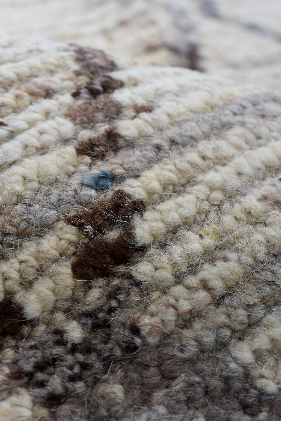 9' x 12' one-of-a-kind handmade vintage Tulu large size rug. Color palette: ivory, taupe, gray, cream, beige