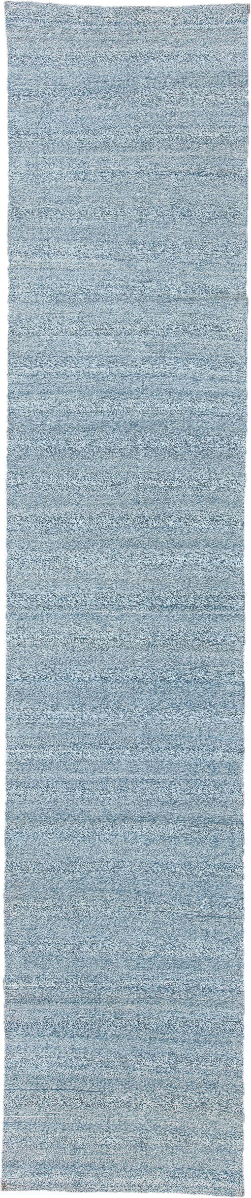 3' x 15' one-of-a-kind handmade vintage Kilim runner rug. Color palette: light blue, sky blue, ivory