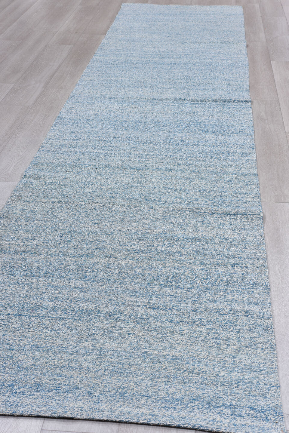 3' x 15' one-of-a-kind handmade vintage Kilim runner rug. Color palette: light blue, sky blue, ivory