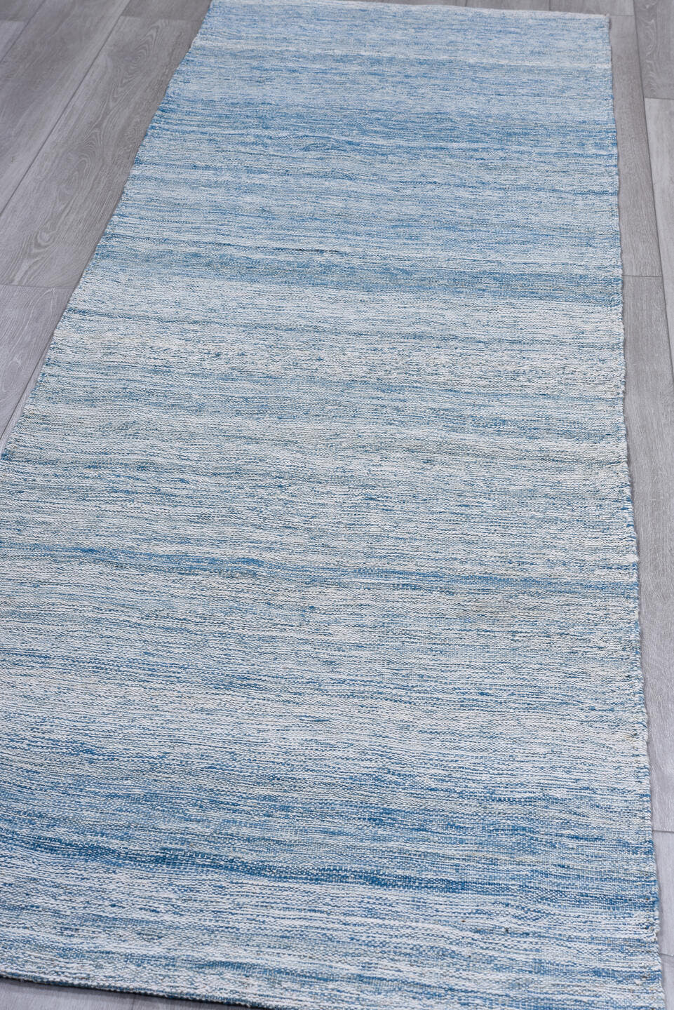 2' x 8' one-of-a-kind handmade vintage Kilim runner rug. Color palette: sky blue, ivory, powder blue, denim blue, light blue