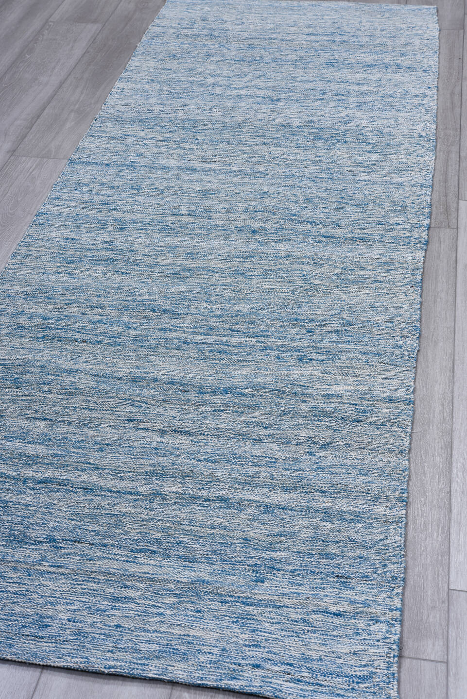2' x 9' one-of-a-kind handmade vintage Kilim runner rug. Color palette: blue, ivory, sky blue, light blue