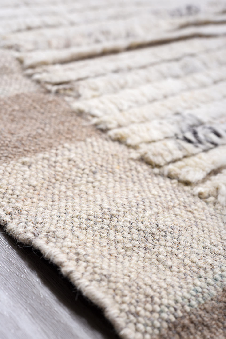 14' x 16' one-of-a-kind handmade vintage Tulu oversize rug. Color palette: ivory, gray, sky_blue, charcoal, blush, yellow