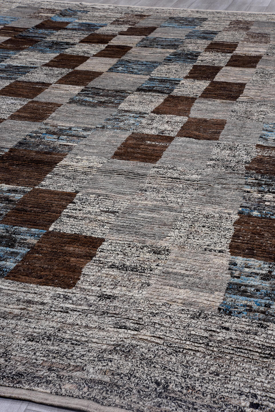 13' x 17' one-of-a-kind handmade vintage Tulu oversize rug. Color palette: gray, brown, charcoal, ivory, sky blue, taupe
