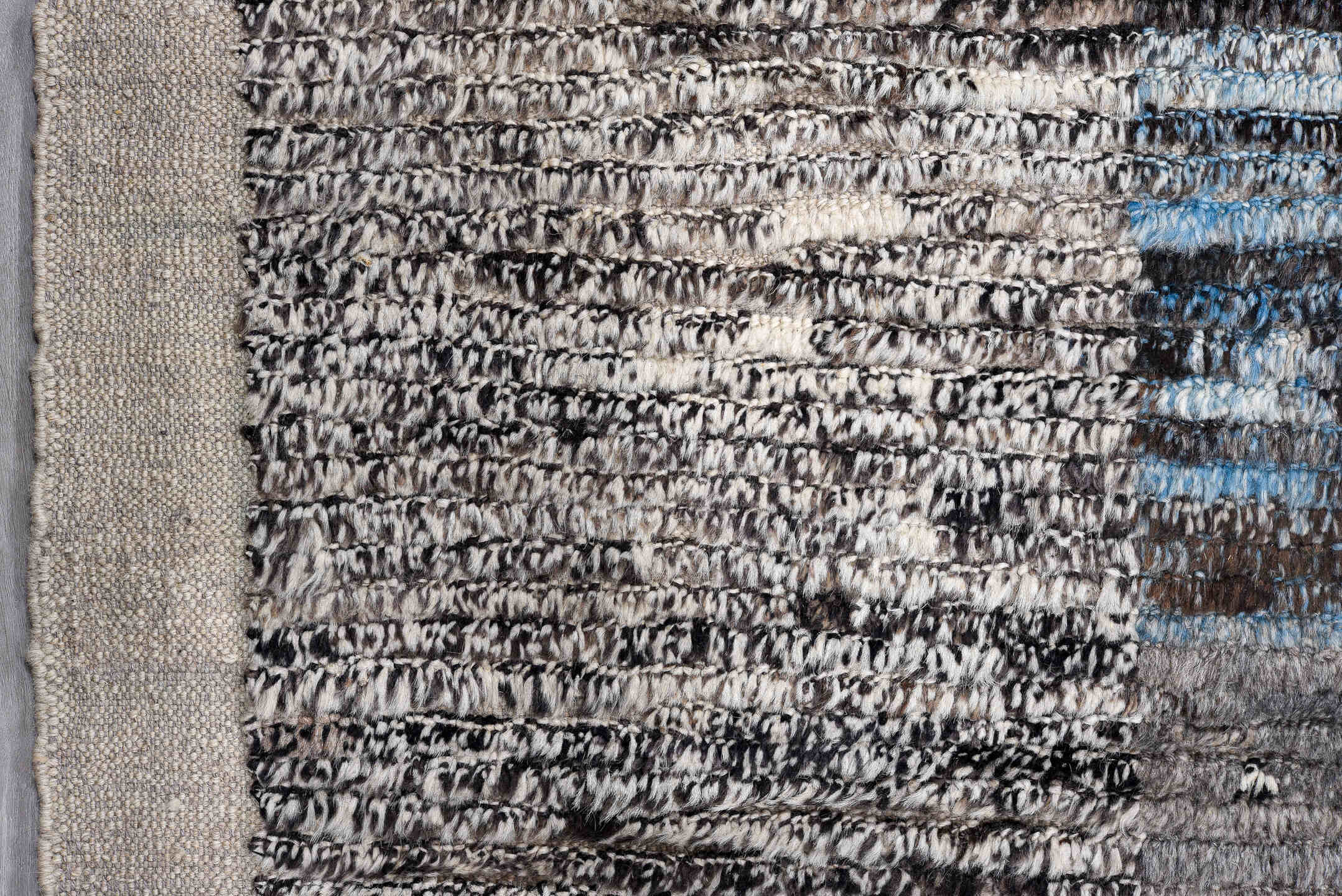 13' x 17' one-of-a-kind handmade vintage Tulu oversize rug. Color palette: gray, brown, charcoal, ivory, sky blue, taupe