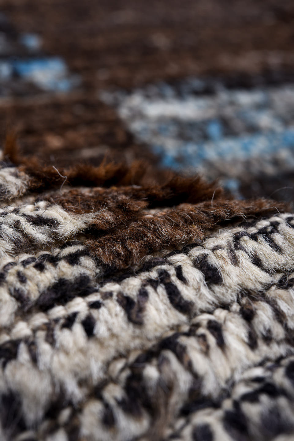 13' x 17' one-of-a-kind handmade vintage Tulu oversize rug. Color palette: gray, brown, charcoal, ivory, sky blue, taupe