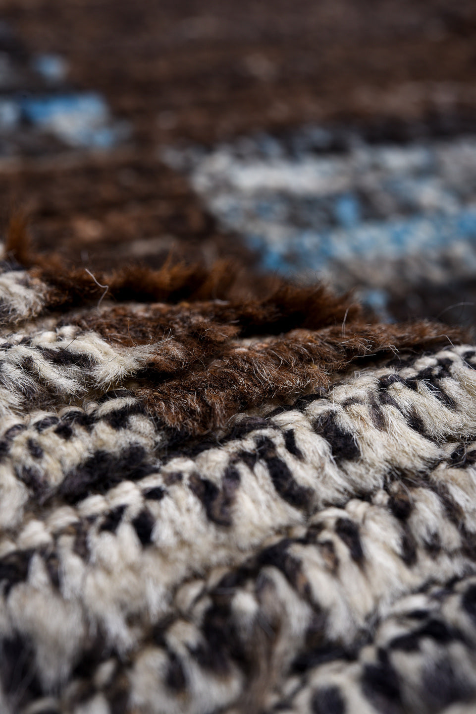 13' x 17' one-of-a-kind handmade vintage Tulu oversize rug. Color palette: gray, brown, charcoal, ivory, sky blue, taupe