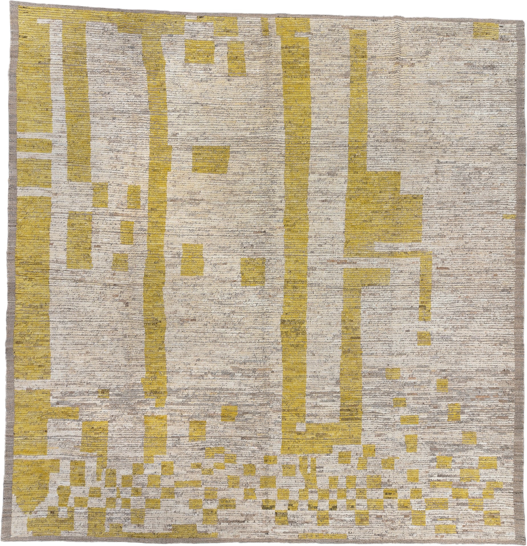 15' x 15' one-of-a-kind handmade vintage Tulu oversize rug. Color palette: ivory, gold, taupe, beige, camel, gray