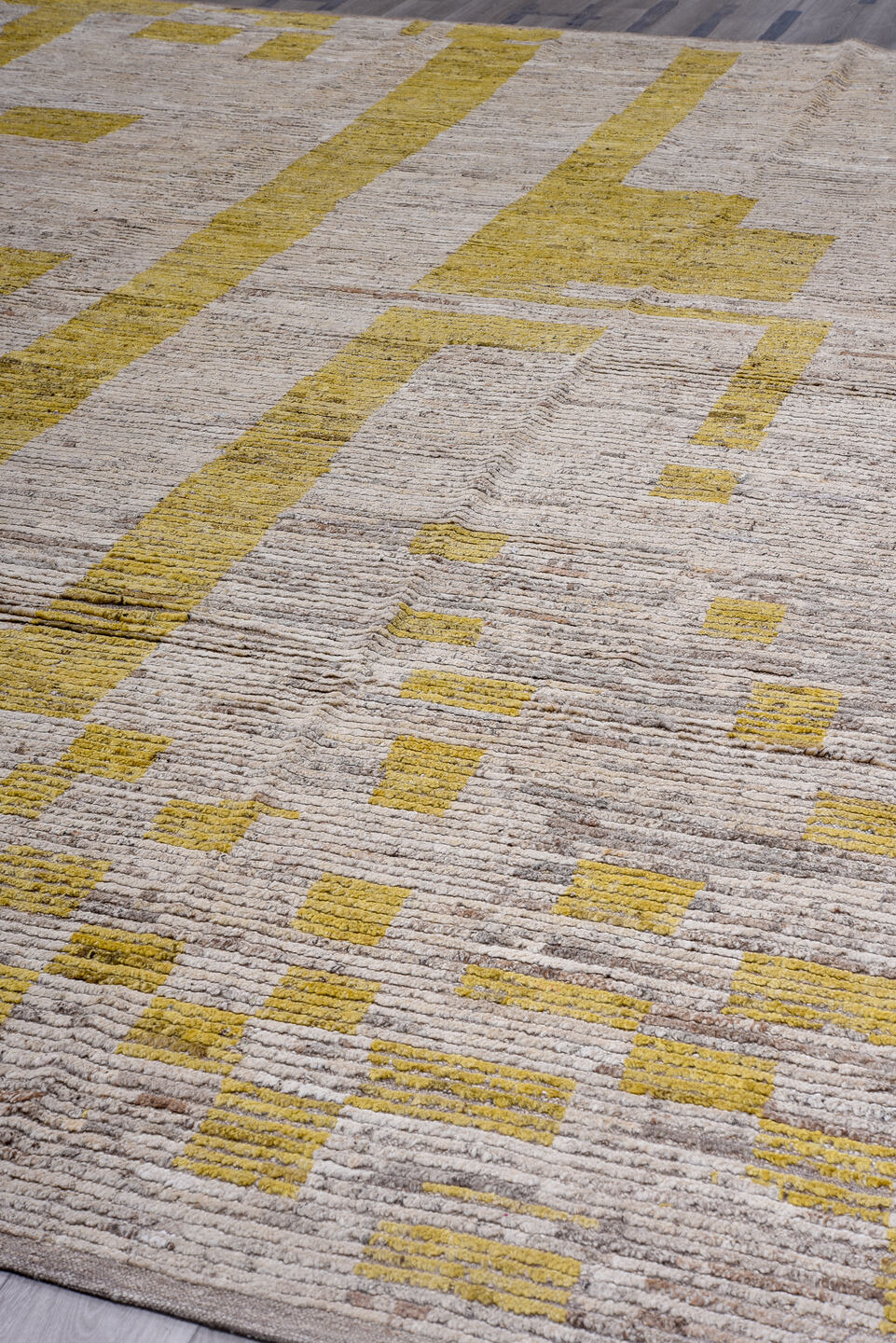 15' x 15' one-of-a-kind handmade vintage Tulu oversize rug. Color palette: ivory, gold, taupe, beige, camel, gray