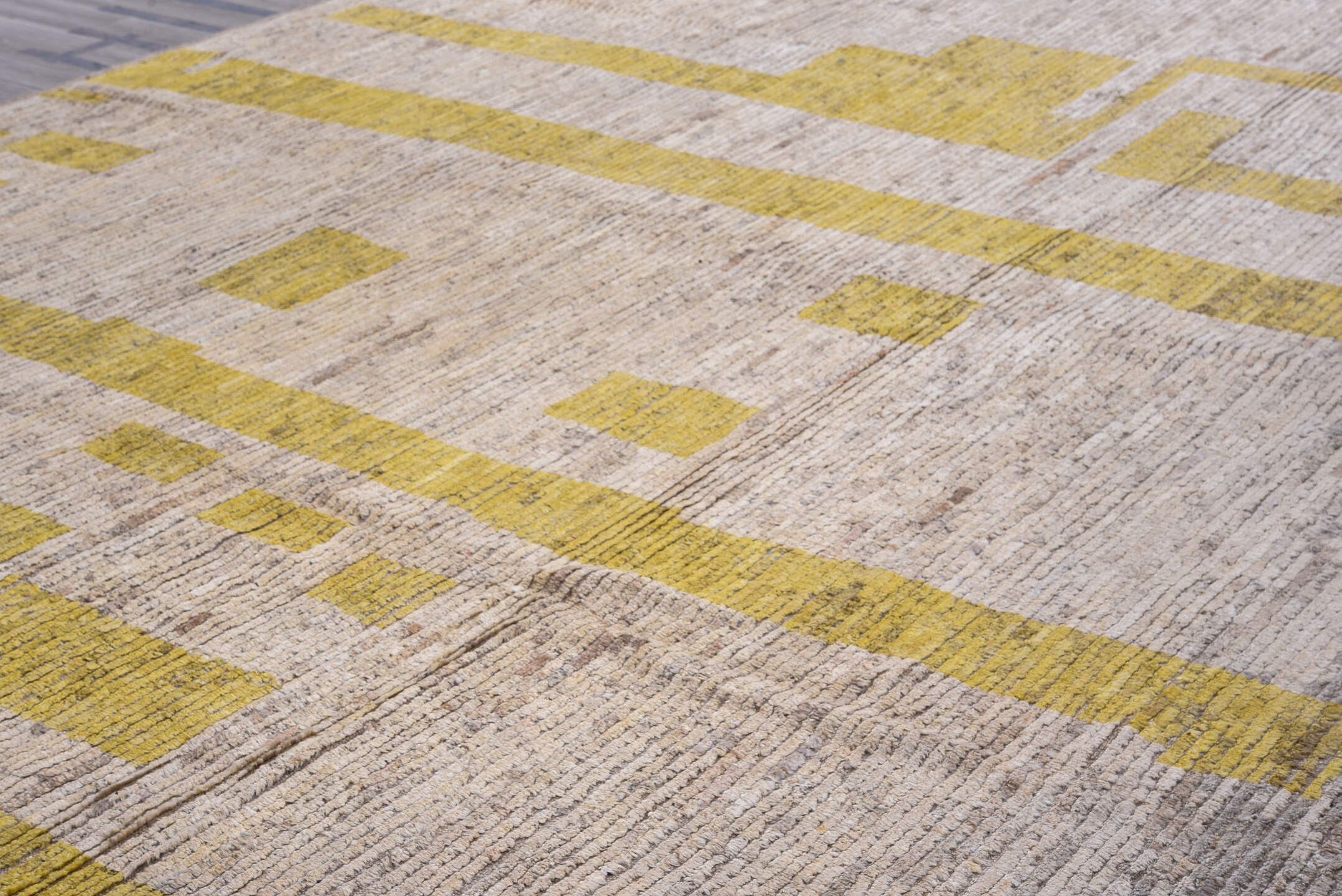 15' x 15' one-of-a-kind handmade vintage Tulu oversize rug. Color palette: ivory, gold, taupe, beige, camel, gray