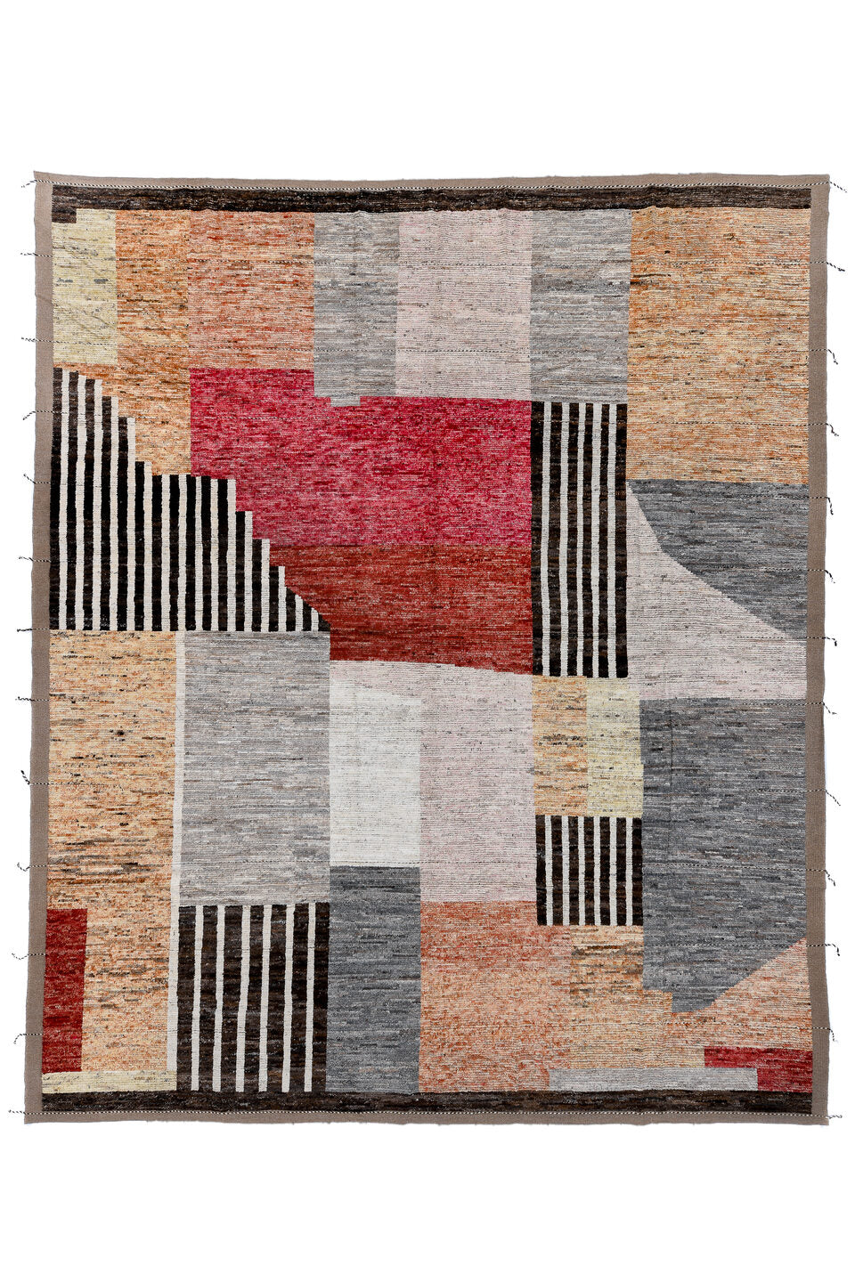 13' x 15' one-of-a-kind handmade vintage Tulu oversize rug. Color palette: black, brown, charcoal, gainsboro, gray
