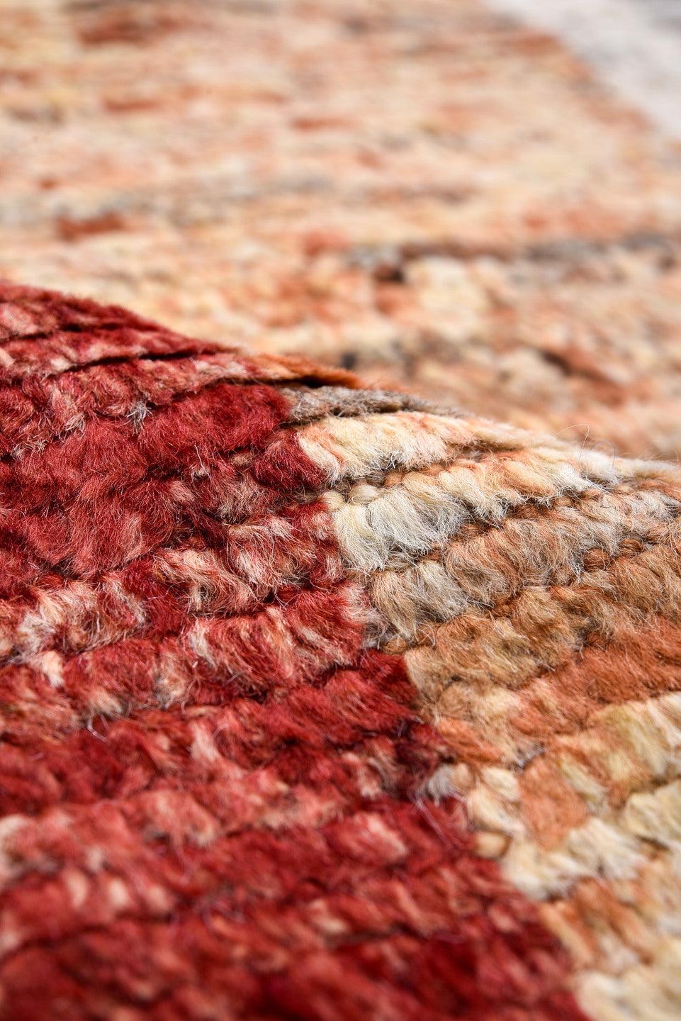 13' x 15' one-of-a-kind handmade vintage Tulu oversize rug. Color palette: ivory, gray, terra cotta, crimson, black, taupe