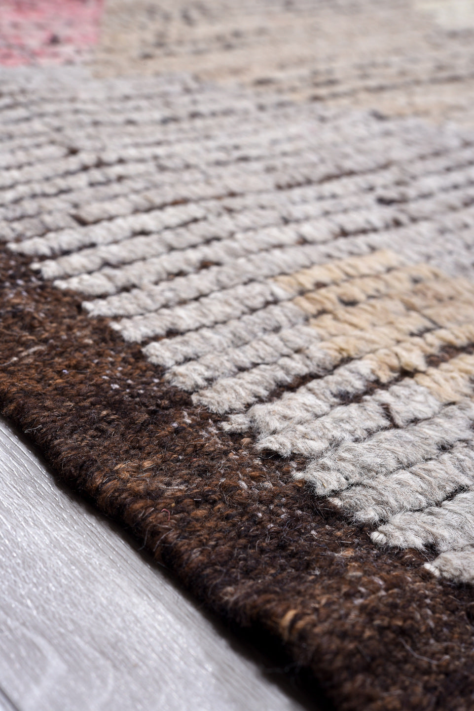 14' x 14' one-of-a-kind handmade vintage Tulu oversize rug. Color palette: ivory, taupe, blush, camel, sky_blue, charcoal