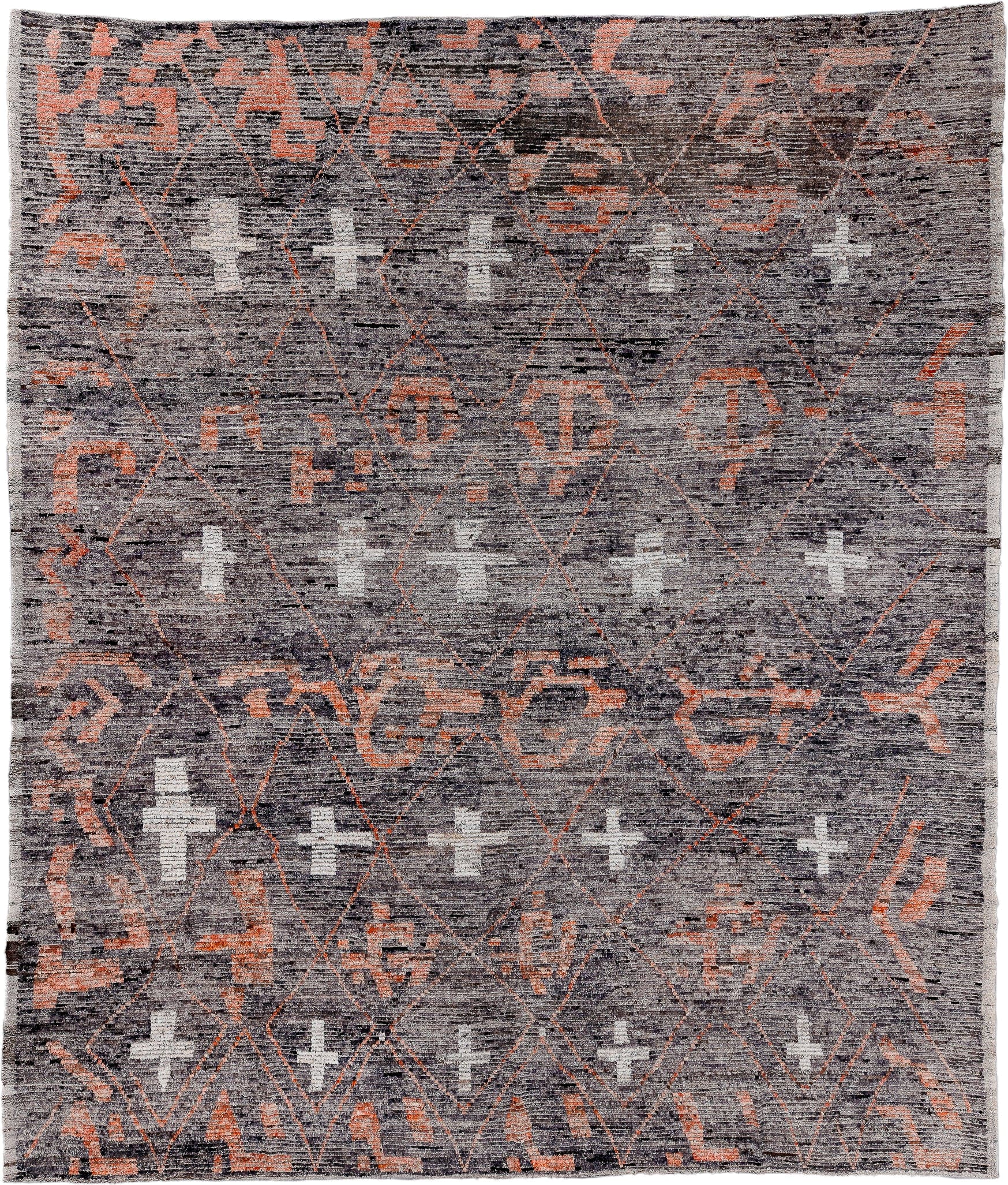 13' x 16' one-of-a-kind handmade vintage Tulu oversize rug. Color palette: gray, charcoal, coral, ivory, taupe, black