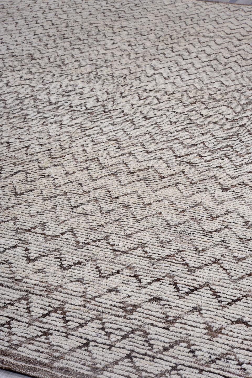 12' x 13' one-of-a-kind handmade vintage Tulu oversize rug. Color palette: ivory, brown, taupe, charcoal, beige, gray, black