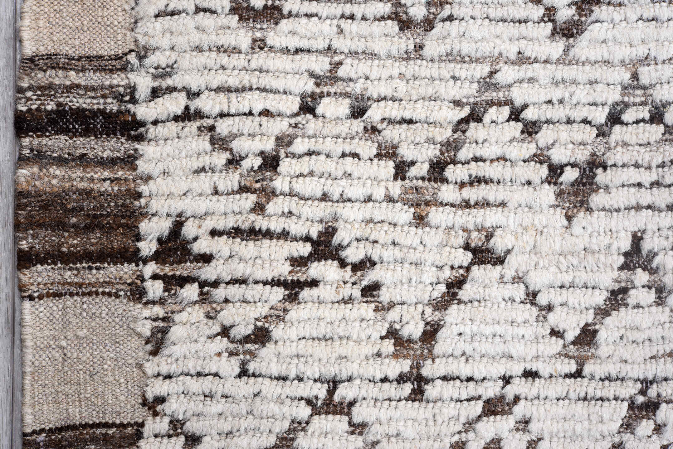 12' x 13' one-of-a-kind handmade vintage Tulu oversize rug. Color palette: ivory, brown, taupe, charcoal, beige, gray, black