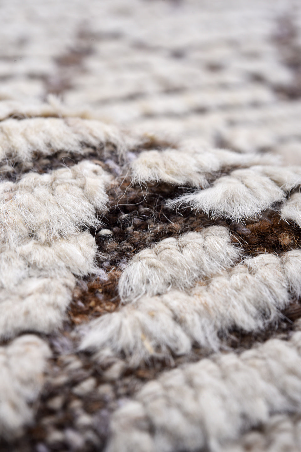 12' x 13' one-of-a-kind handmade vintage Tulu oversize rug. Color palette: ivory, brown, taupe, charcoal, beige, gray, black