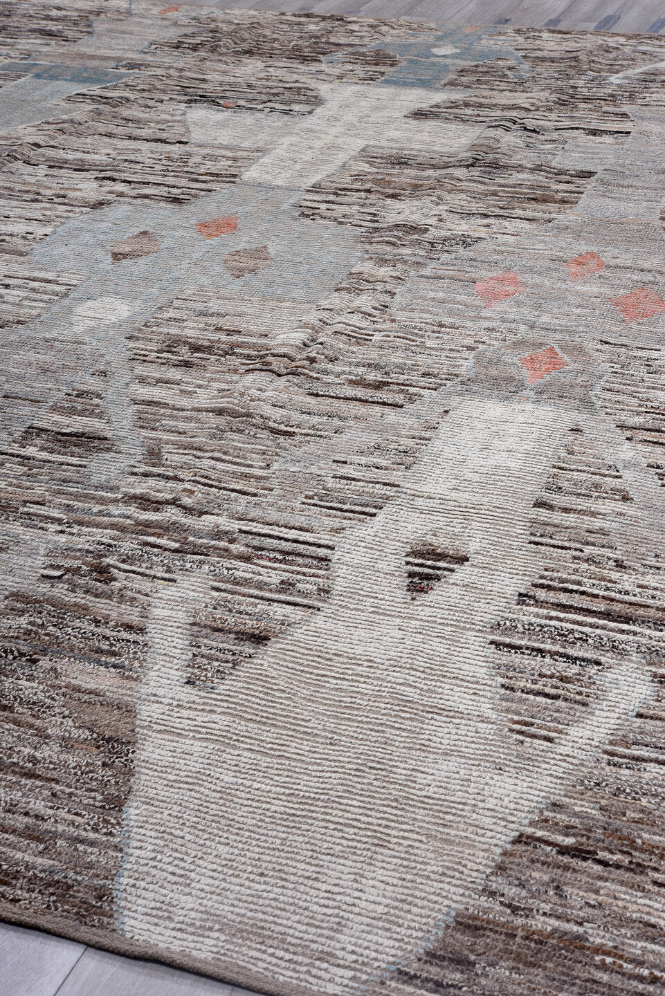 11' x 15' one-of-a-kind handmade vintage Tulu oversize rug. Color palette: taupe, ivory, brown, gray, blue, peach, charcoal