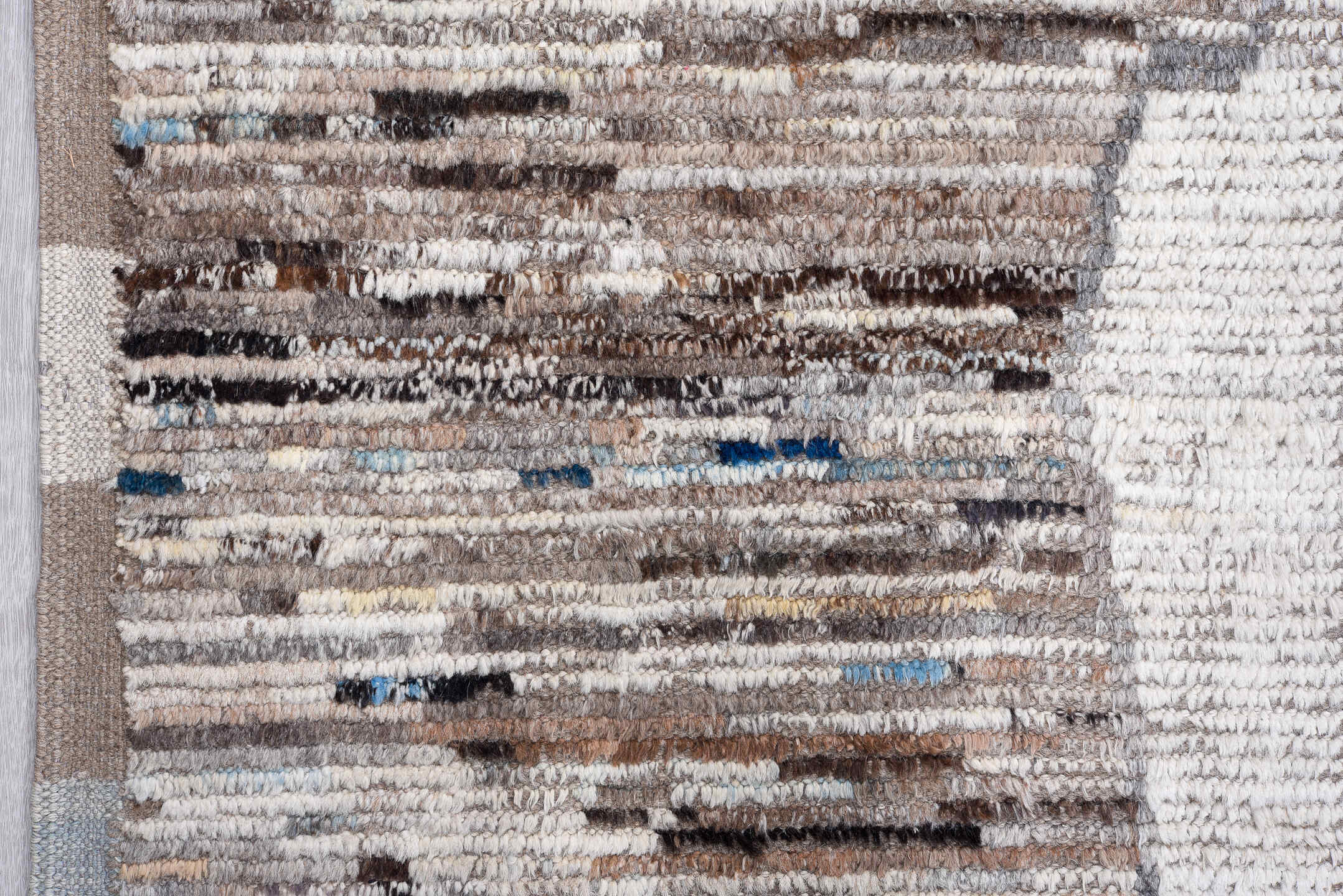 11' x 15' one-of-a-kind handmade vintage Tulu oversize rug. Color palette: taupe, ivory, brown, gray, blue, peach, charcoal