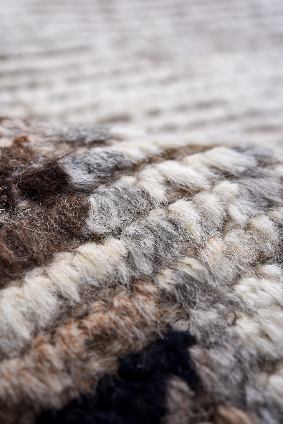 11' x 15' one-of-a-kind handmade vintage Tulu oversize rug. Color palette: taupe, ivory, brown, gray, blue, peach, charcoal
