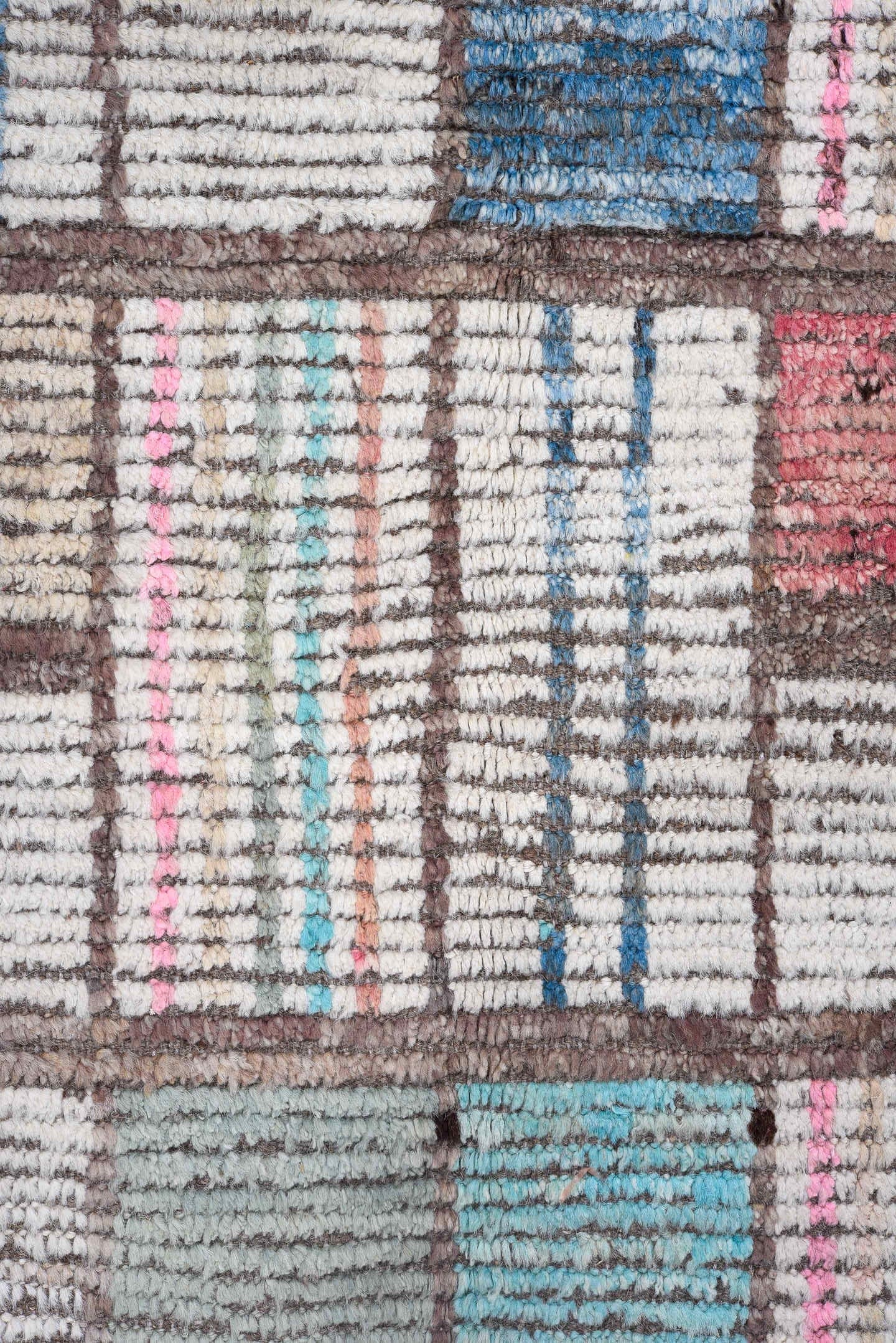 14' x 18' one-of-a-kind handmade vintage Tulu oversize rug. Color palette: ivory, taupe, brown, sky_blue, rose, crimson