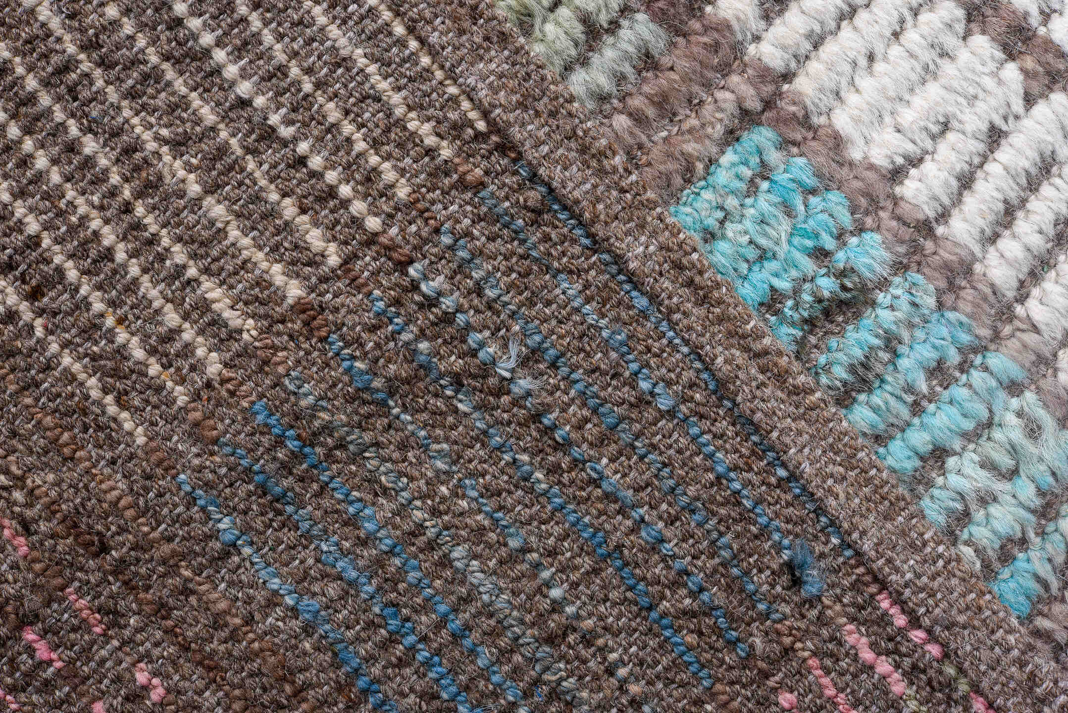 14' x 18' one-of-a-kind handmade vintage Tulu oversize rug. Color palette: ivory, taupe, brown, sky_blue, rose, crimson