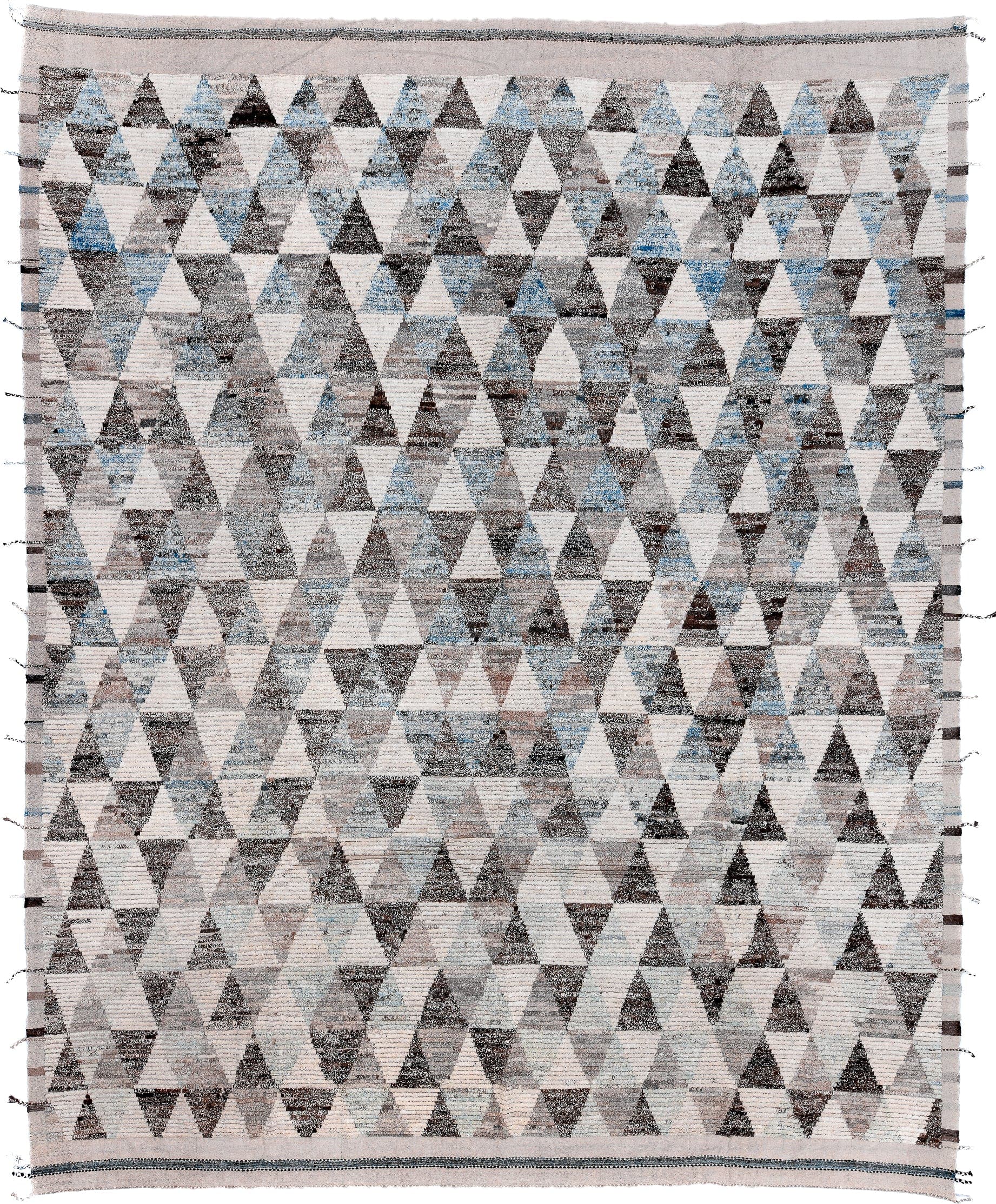 13' x 16' one-of-a-kind handmade vintage Tulu oversize rug. Color palette: ivory, gray, charcoal, taupe, pale blue, greige