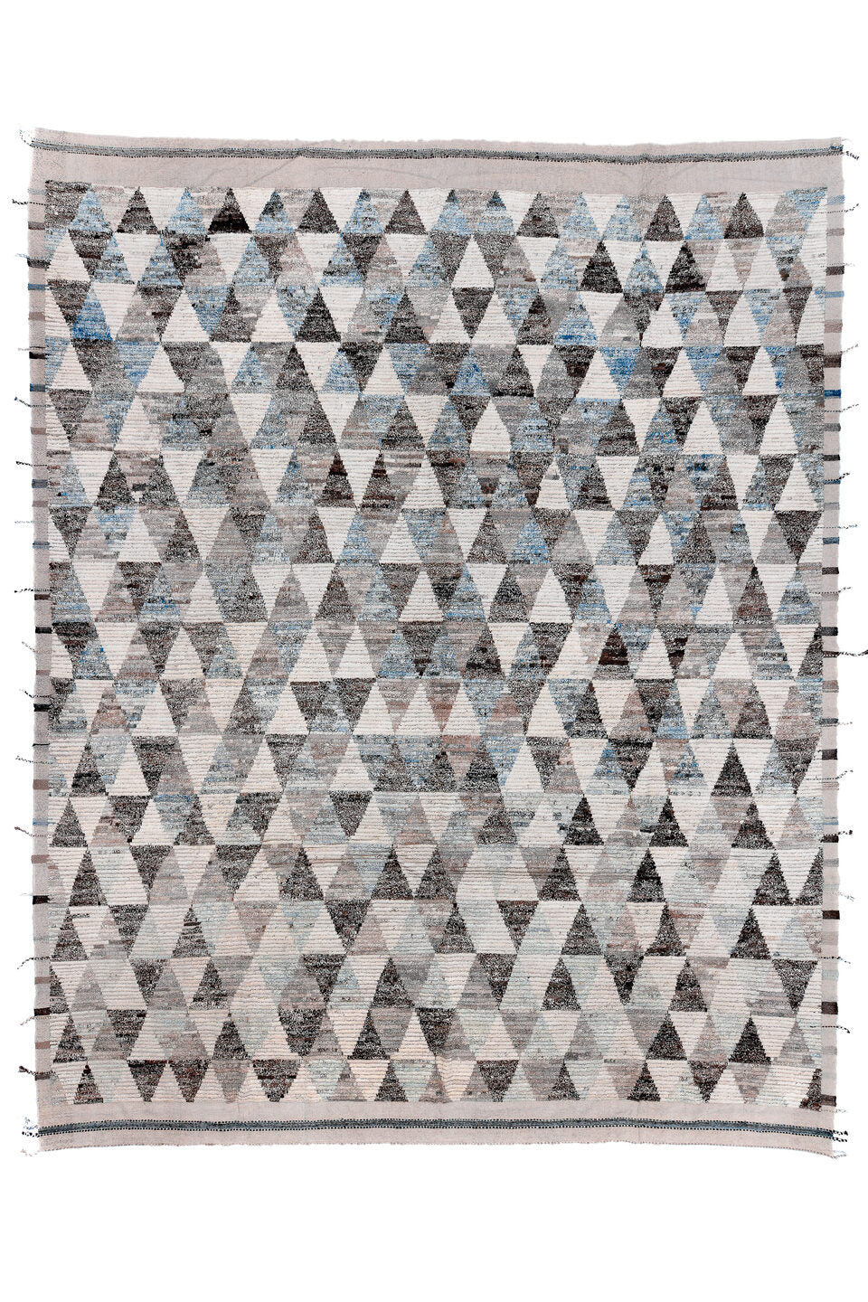 13' x 16' one-of-a-kind handmade vintage Tulu oversize rug. Color palette: black, blue, charcoal, fiord, gainsboro, gray