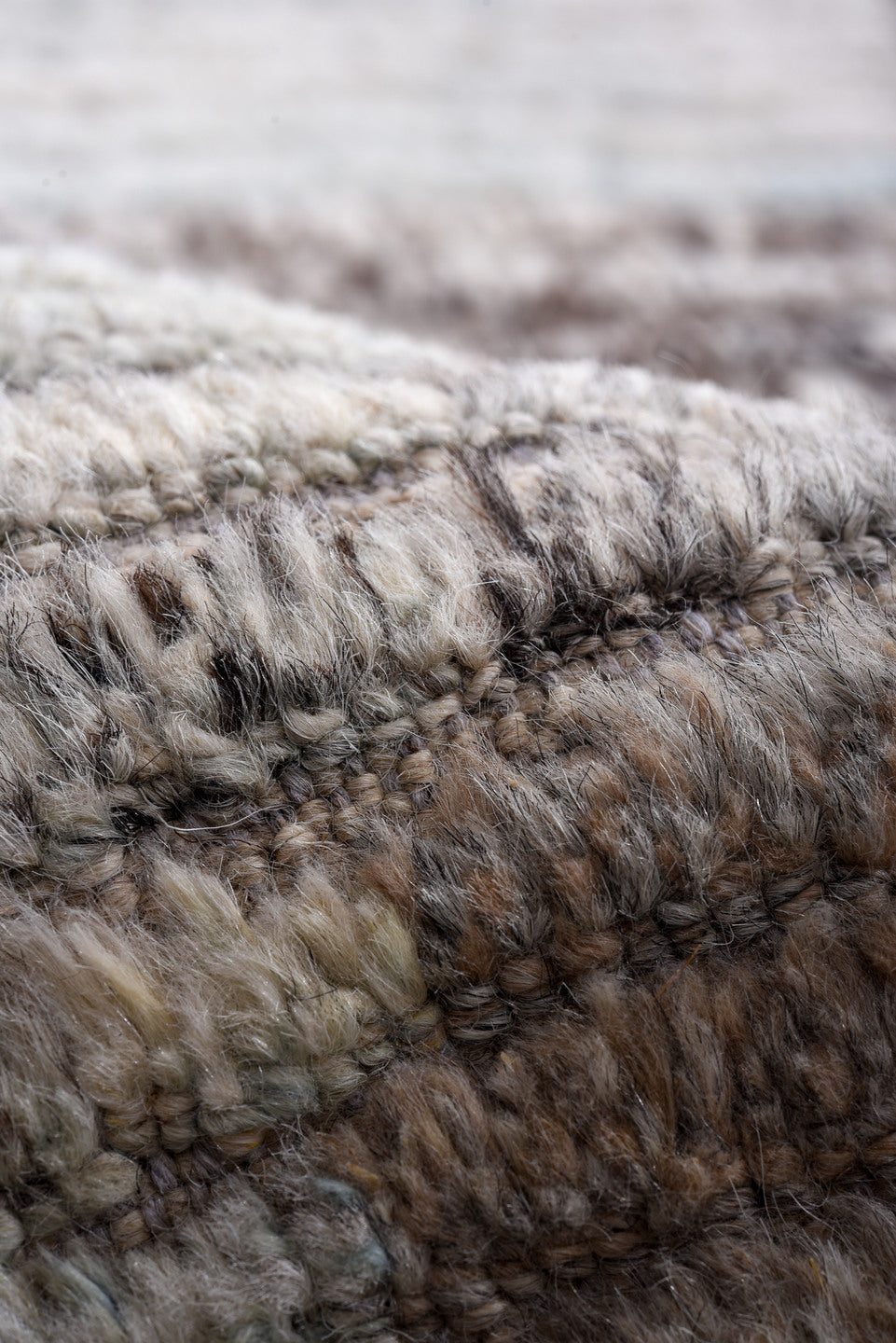 13' x 16' one-of-a-kind handmade vintage Tulu oversize rug. Color palette: ivory, gray, charcoal, taupe, pale blue, greige