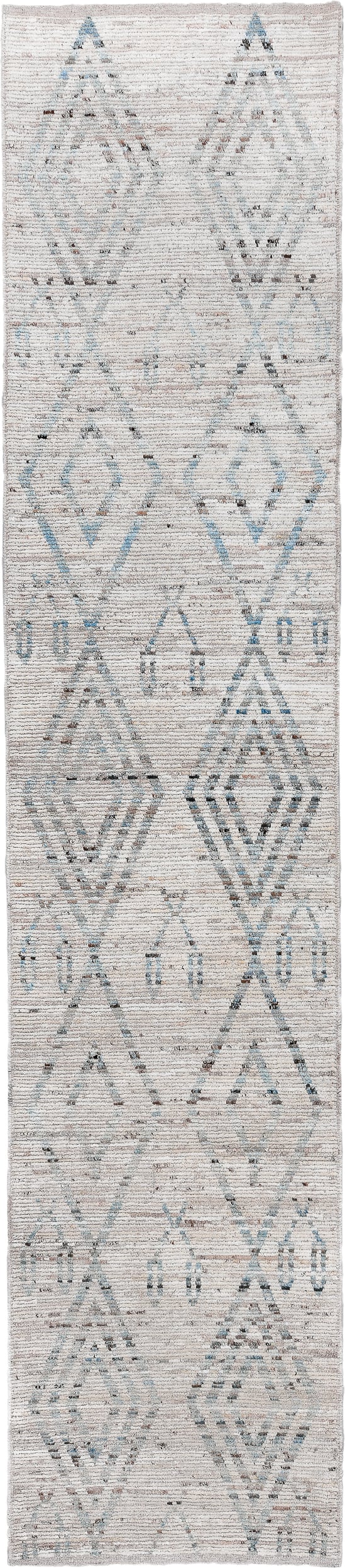 3' x 16' one-of-a-kind handmade vintage Tulu runner rug. Color palette: ivory, pale blue, taupe, charcoal, cream, light blue