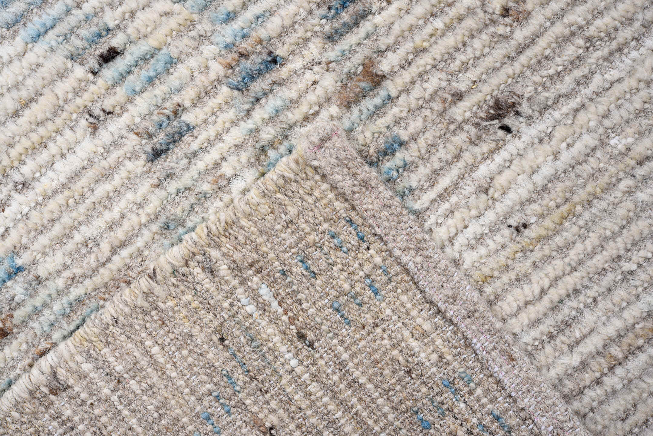 3' x 16' one-of-a-kind handmade vintage Tulu runner rug. Color palette: ivory, pale blue, taupe, charcoal, cream, light blue