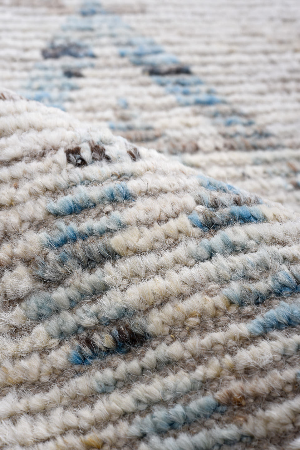 3' x 16' one-of-a-kind handmade vintage Tulu runner rug. Color palette: ivory, pale blue, taupe, charcoal, cream, light blue