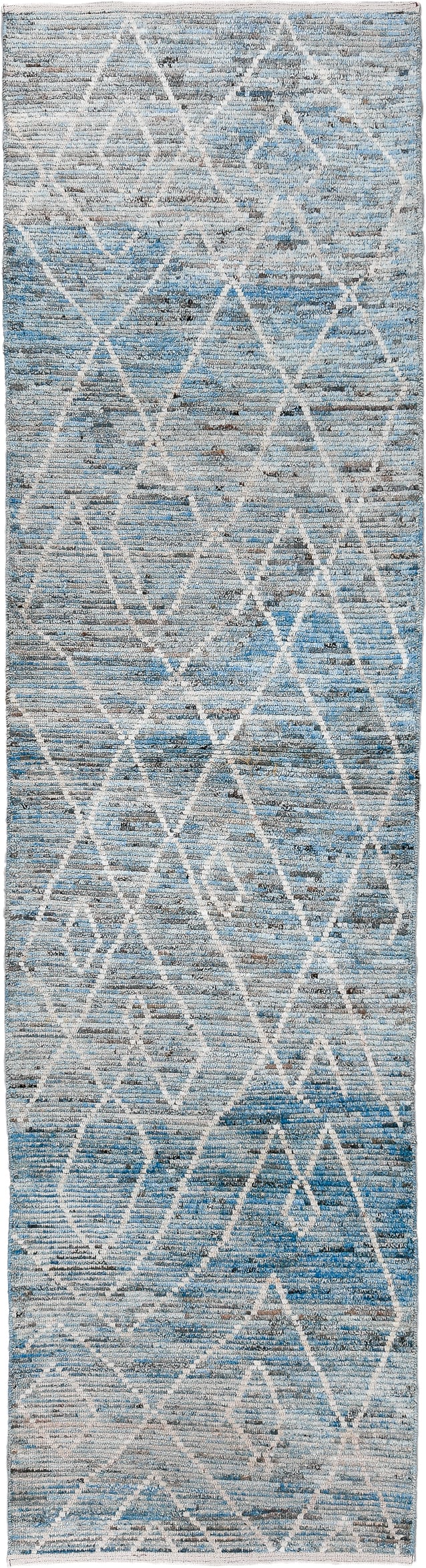3' x 12' one-of-a-kind handmade vintage Tulu runner rug. Color palette: sky blue, ivory, slate, gray, charcoal, light blue