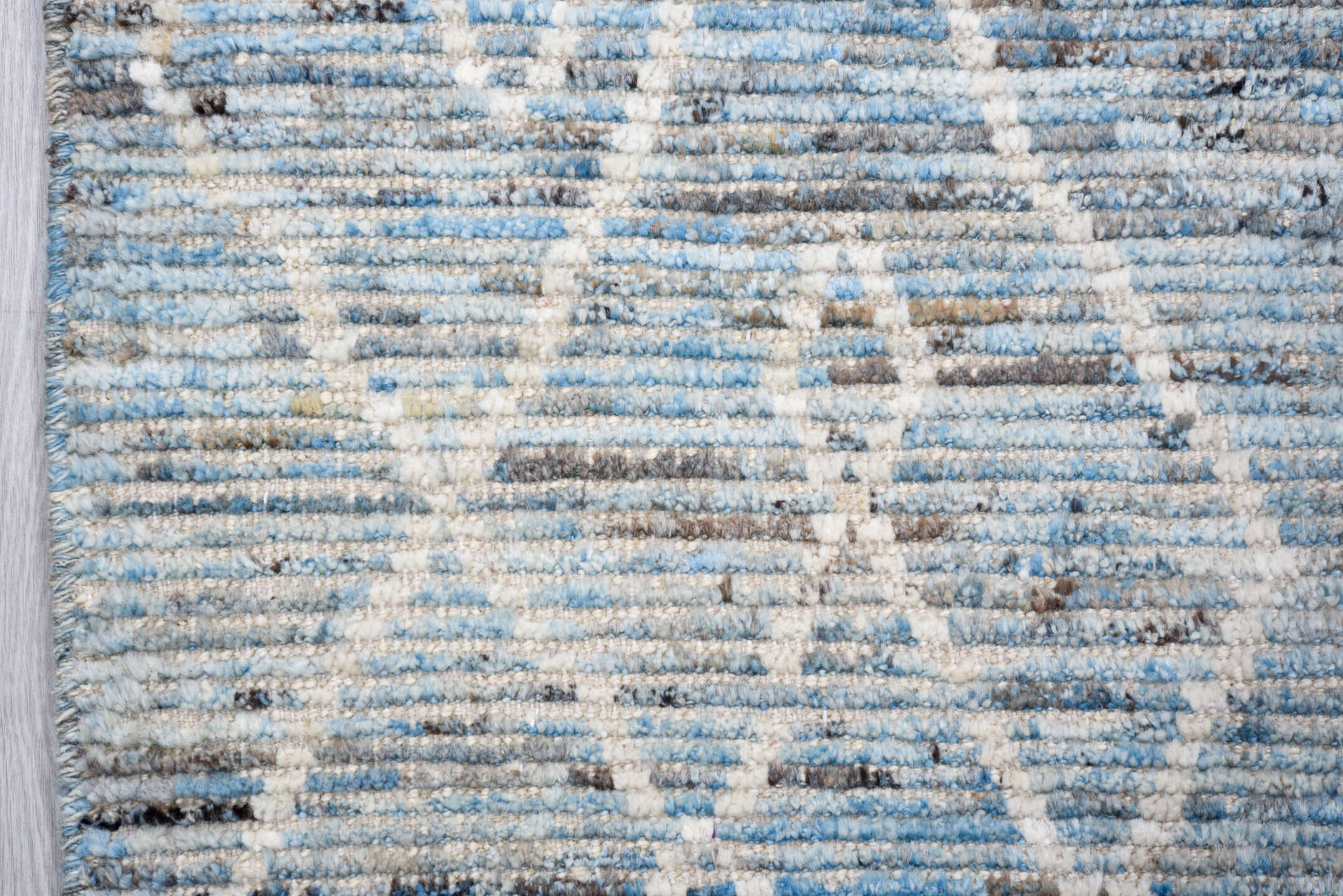 3' x 12' one-of-a-kind handmade vintage Tulu runner rug. Color palette: sky blue, ivory, slate, gray, charcoal, light blue